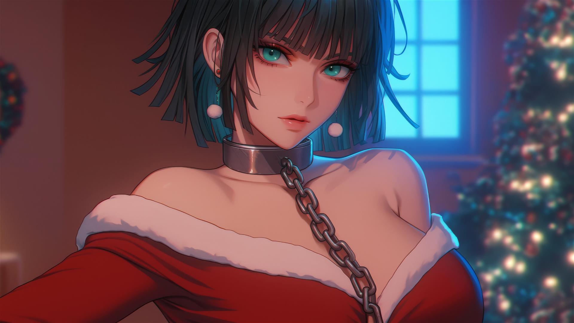 Fubuki in Christmas attire chained in modern hotel room