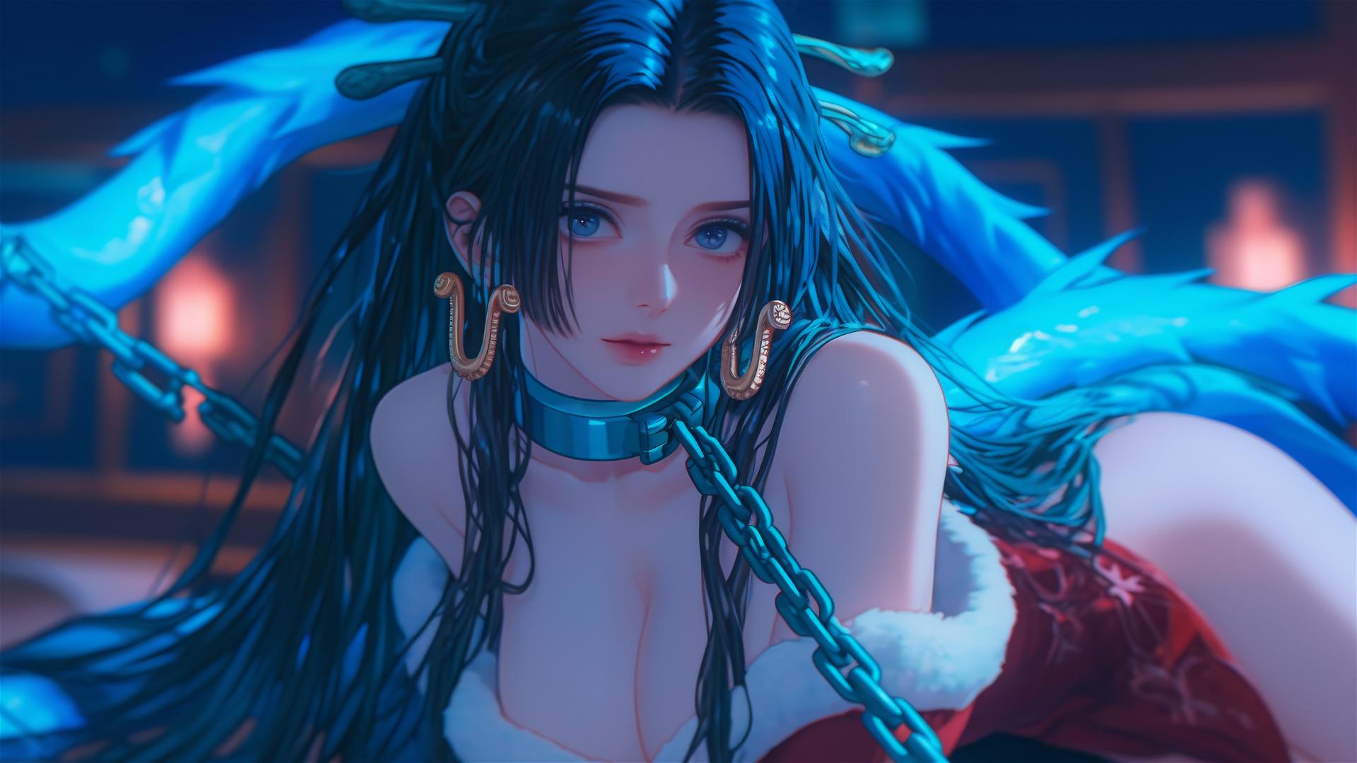 Boa Hancock in Christmas costume, locked in chains, at modern neon-lit hotel room.