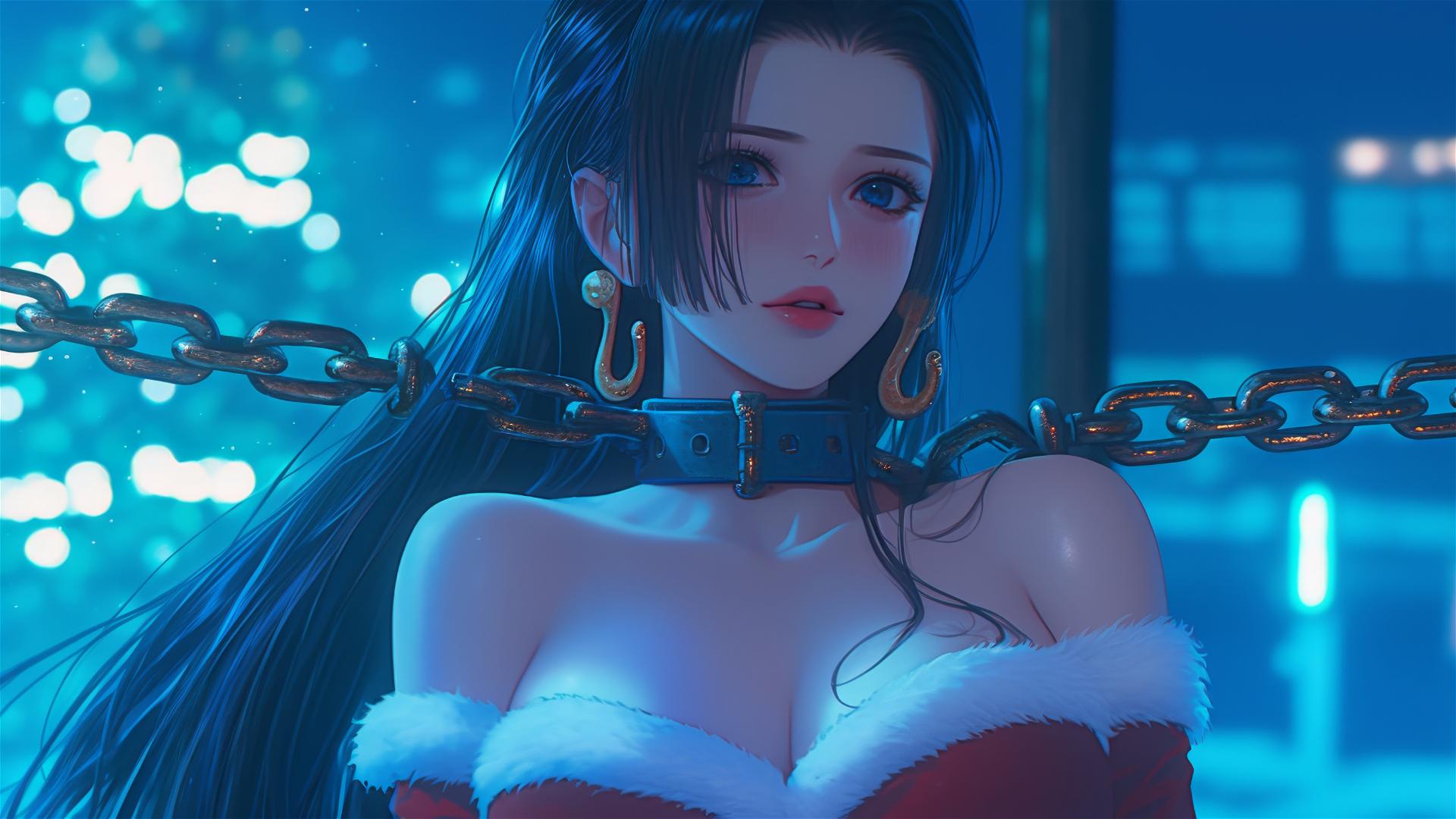 Boa Hancock in Christmas costume with chains in a neon-lit hotel room