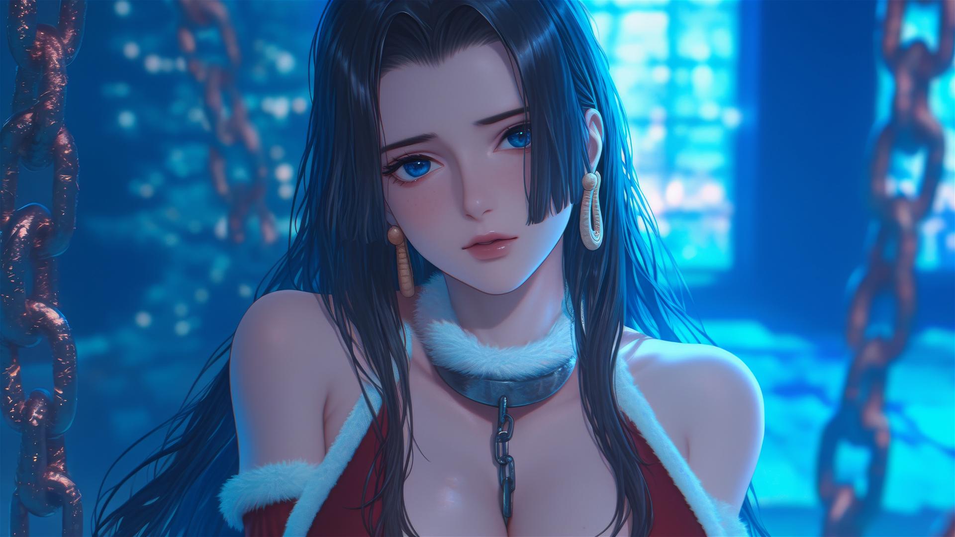 Boa Hancock in Christmas costume with chains in neon-lit hotel