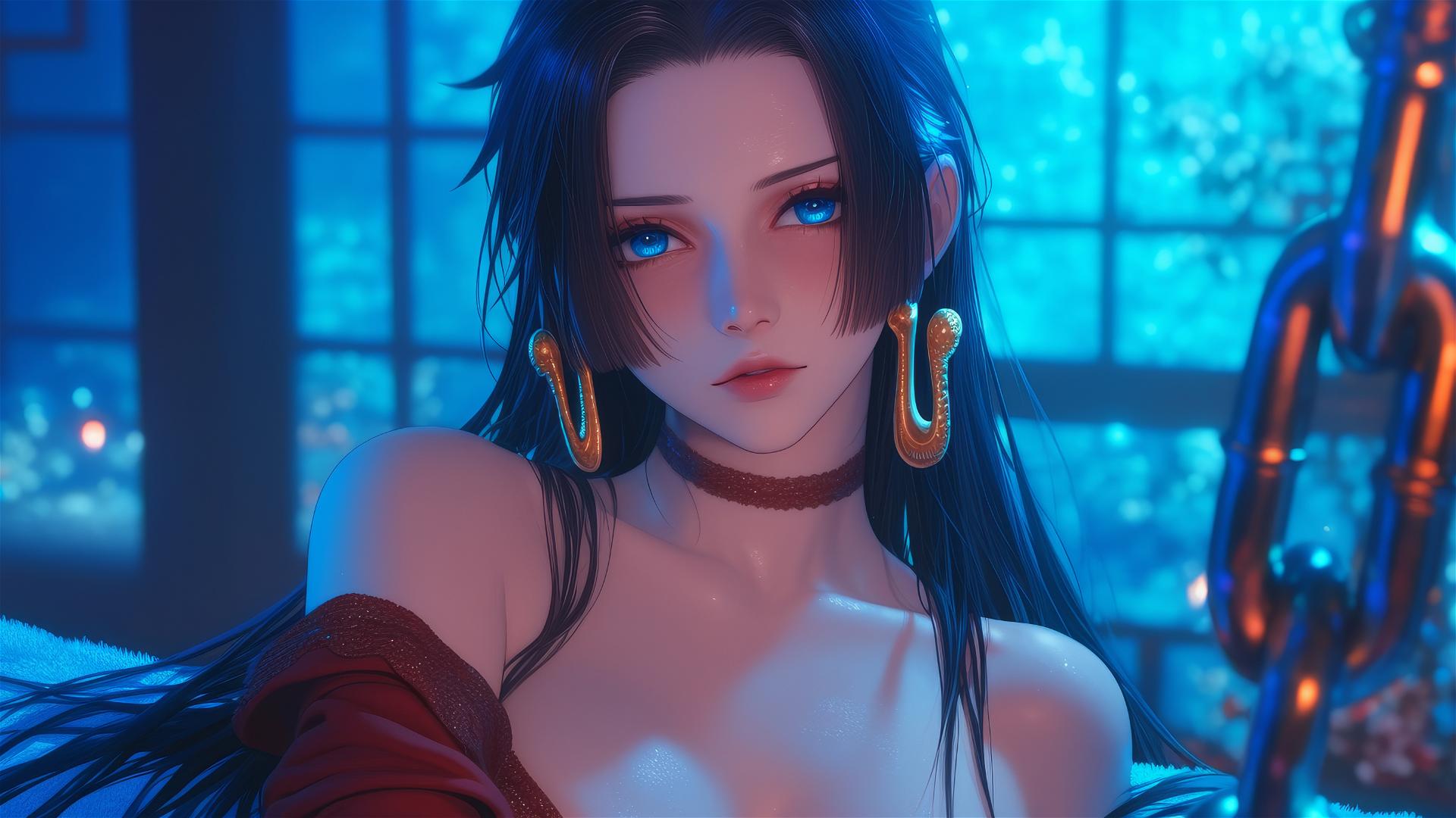 Boa Hancock in Christmas costume, chained, in modern hotel room with neon lights