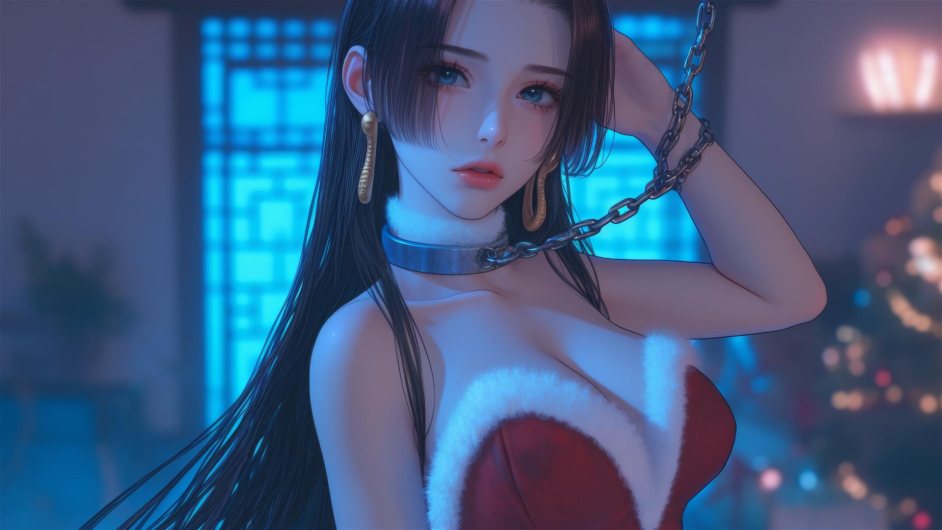 Boa Hancock in a Christmas costume, chained, with neon light glow