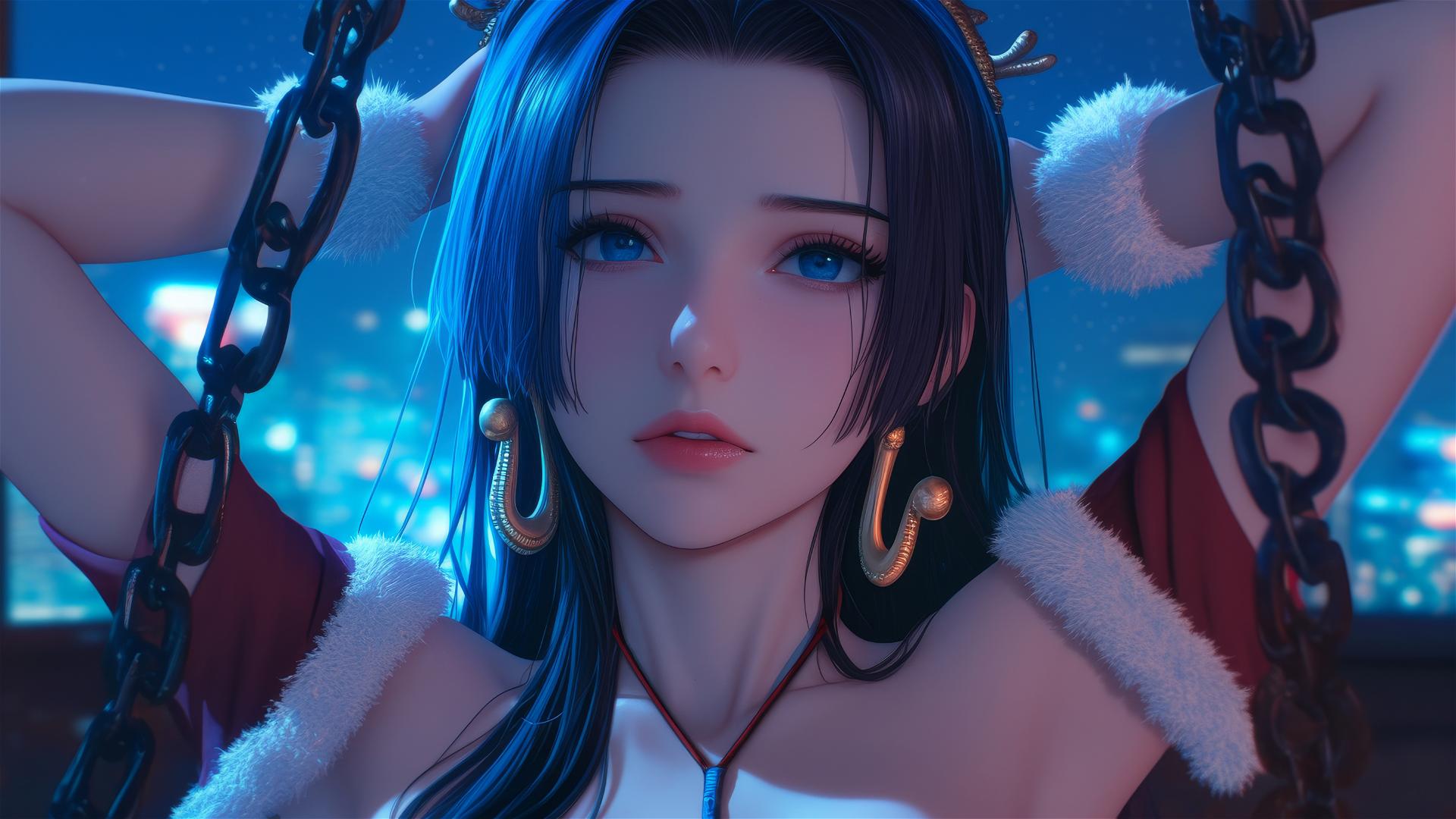 Boa Hancock from One Piece in Christmas costume, locked with chains, in neon-lit hotel room