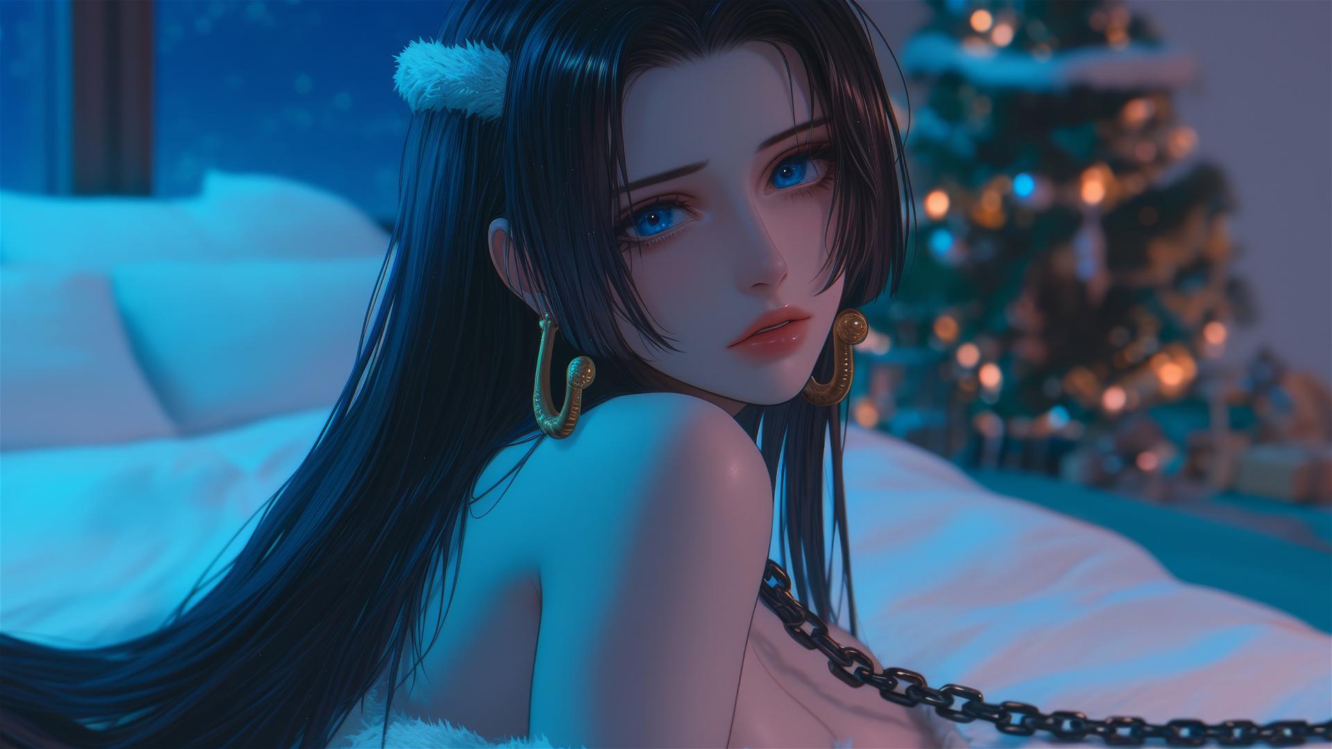 Boa Hancock in a Christmas costume, chained, in a neon-lit modern hotel room.