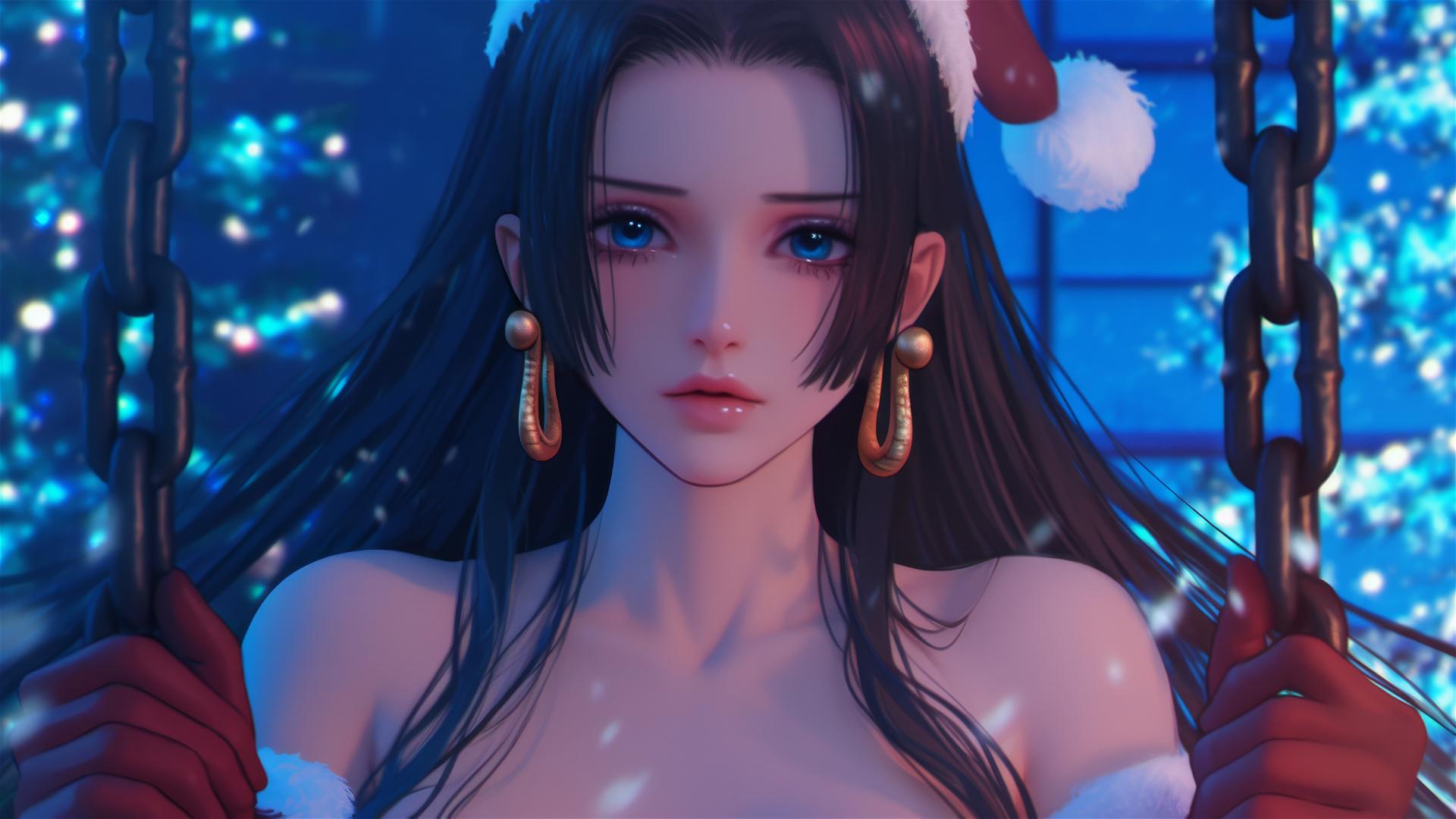 Boa Hancock in Christmas costume, chained, neon-lit modern hotel room with pink background.
