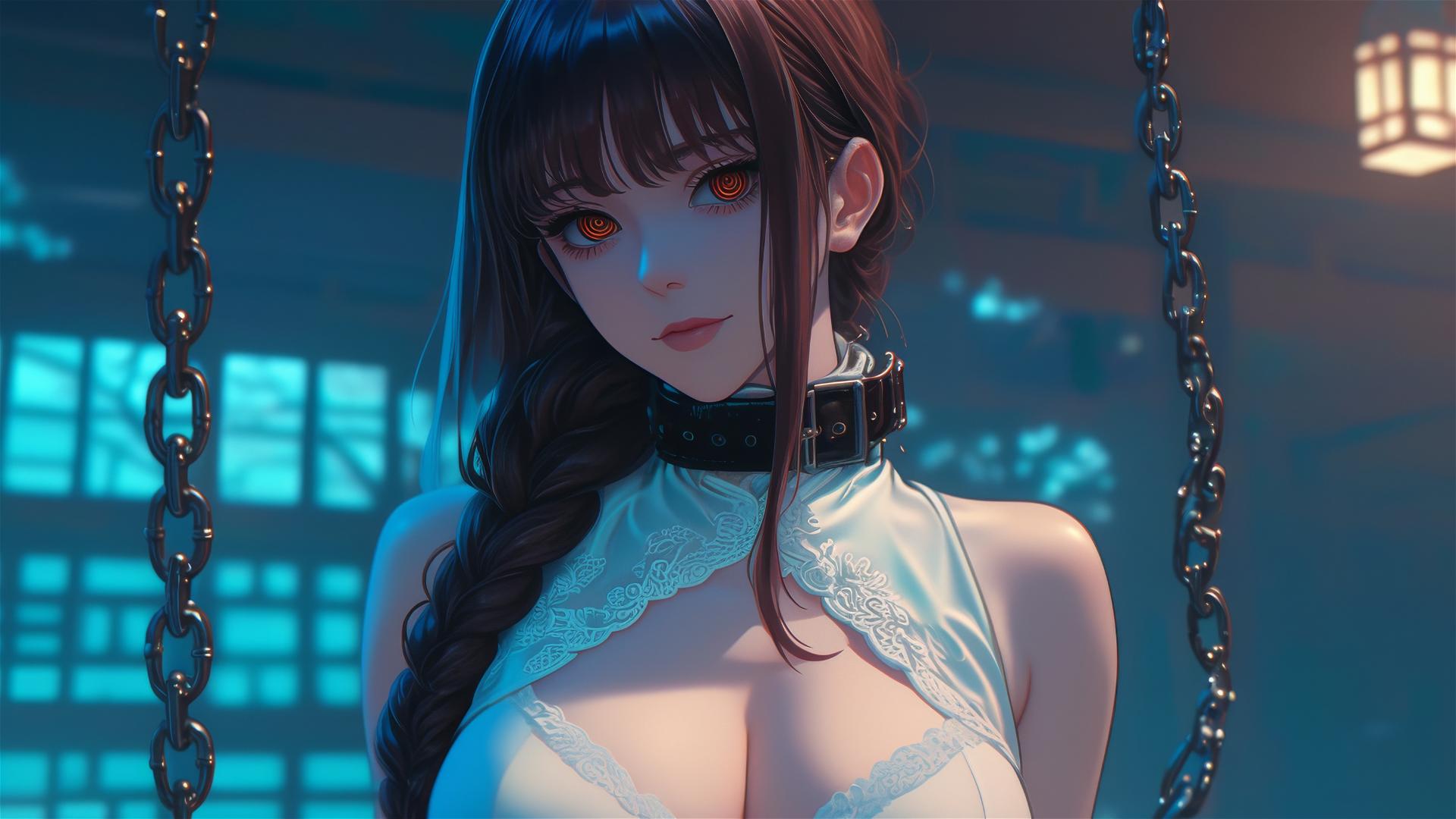 Makima from Chainsaw Man with neck locked in thick iron chains in a dimly lit basement