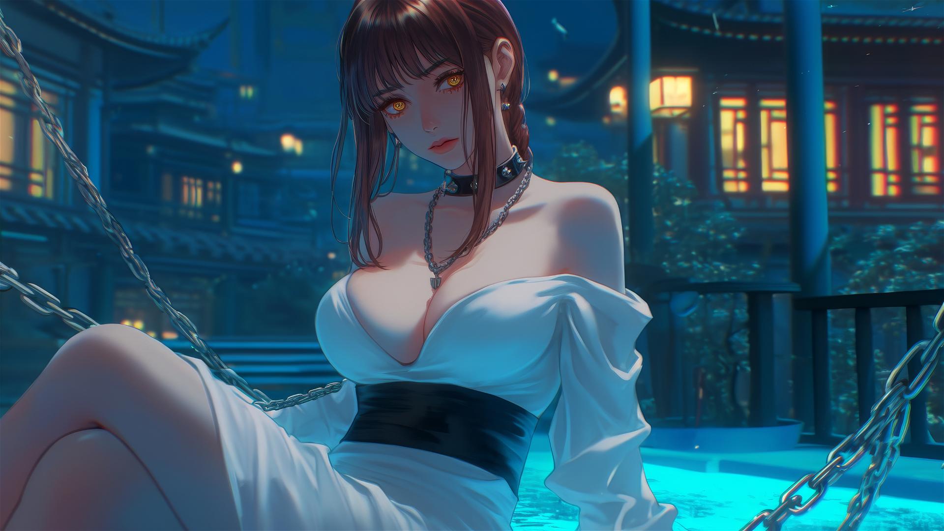 Makima from Chainsaw Man resting in a bathtub with thick iron chains under moonlight