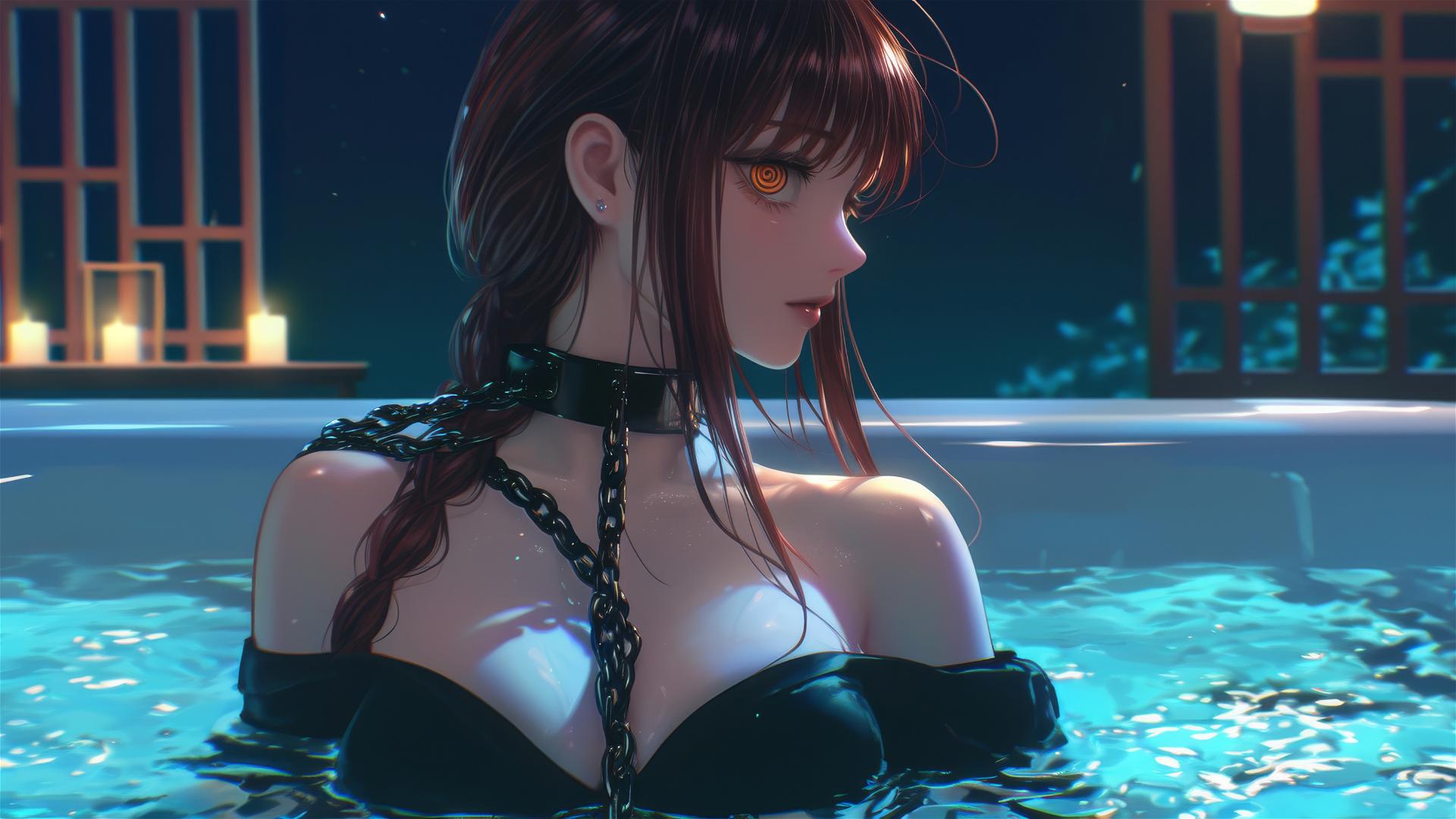 Makima from Chainsaw Man resting in a tub with iron chains and moonlight glow