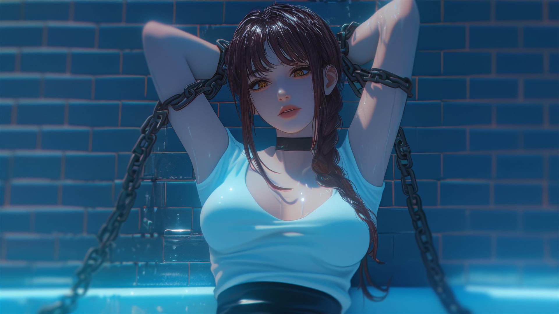 Makima from Chainsaw Man, chained in a tub under moonlight