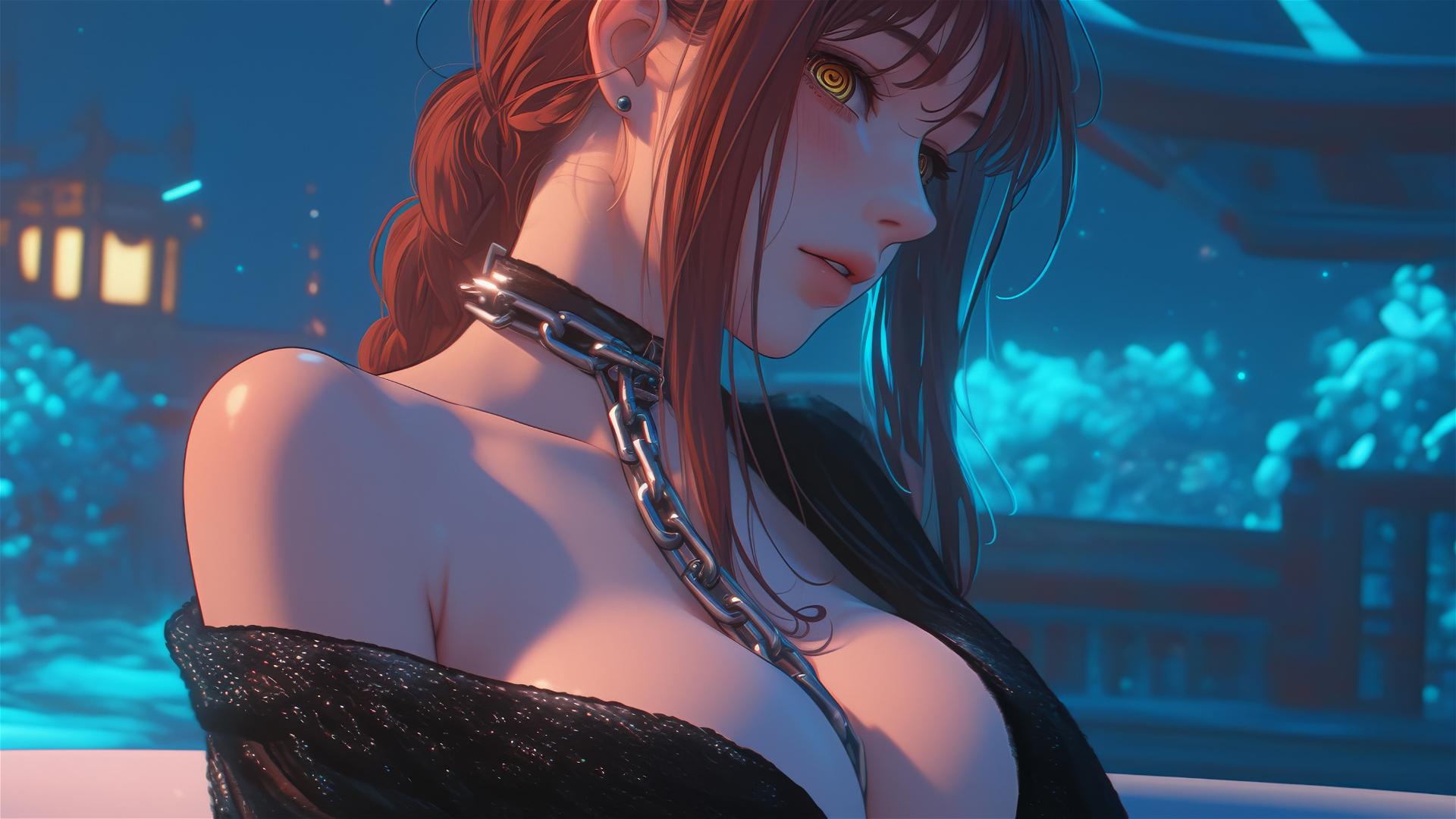 Makima from Chainsaw Man, chained, resting in a tub under moonlight