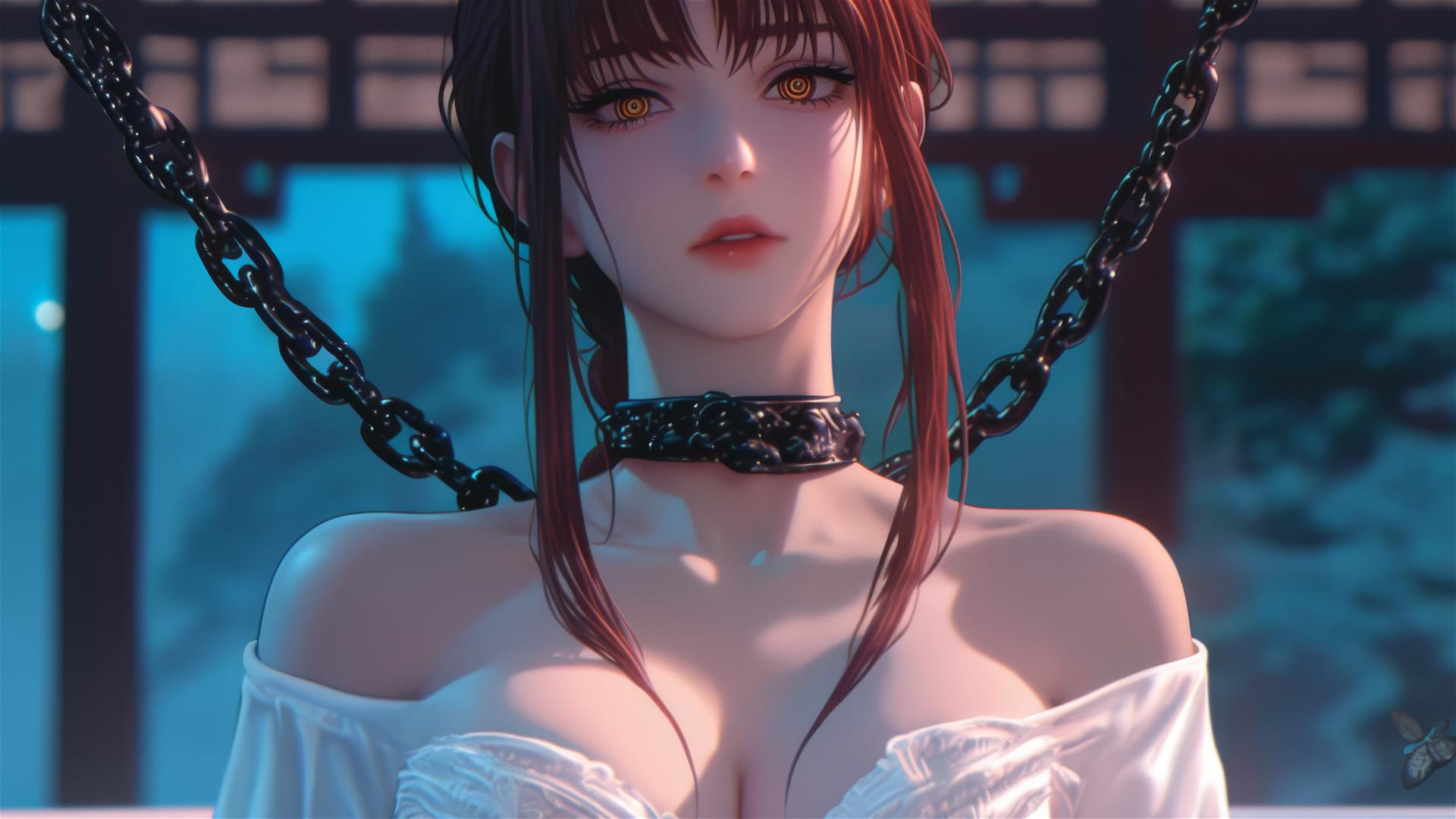 Makima from Chainsaw Man with iron chains, resting in a tub in moonlight.