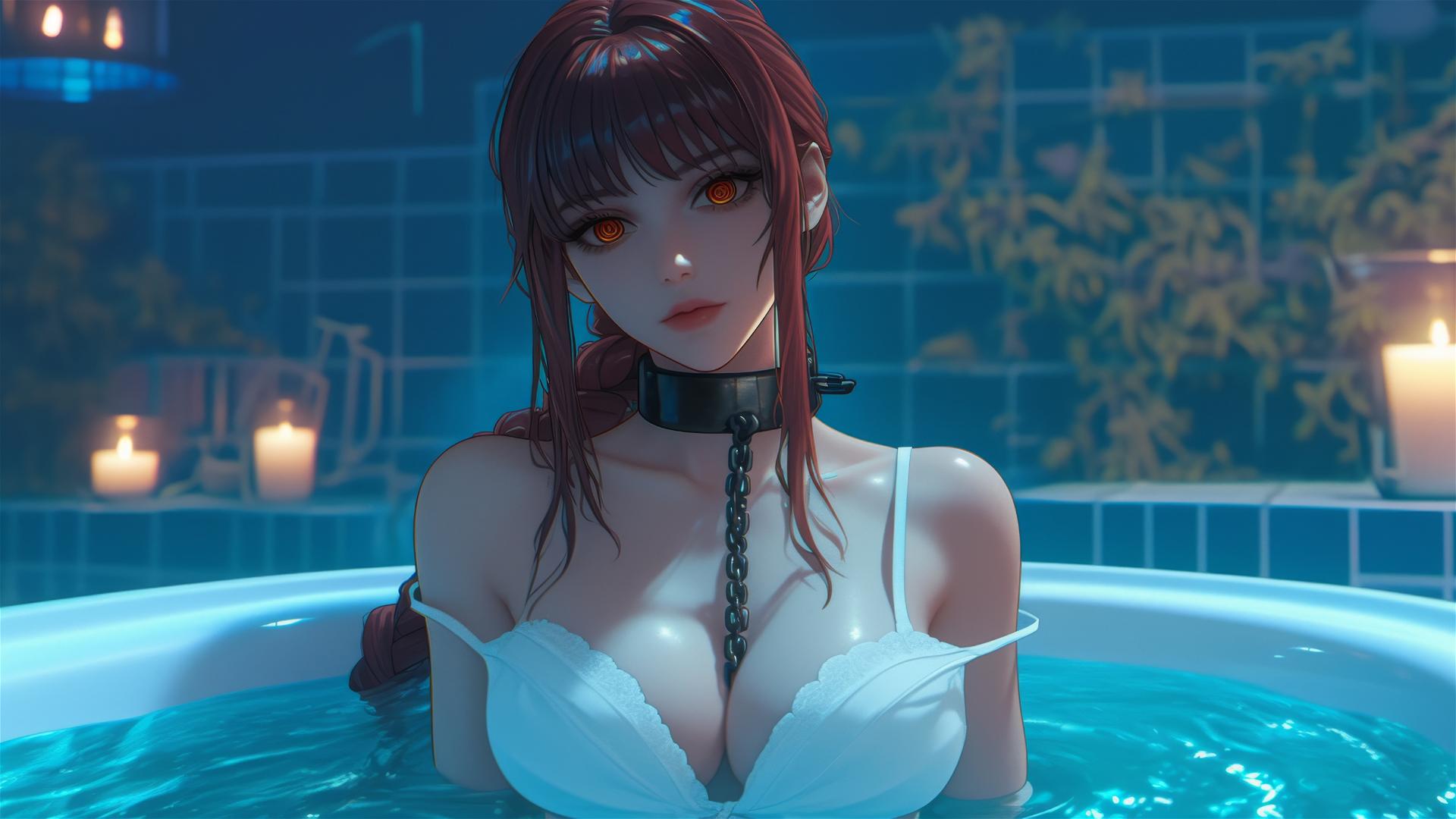 Makima from Chainsaw Man restrained by thick iron chains, relaxing in a bathtub, moonlight glow.