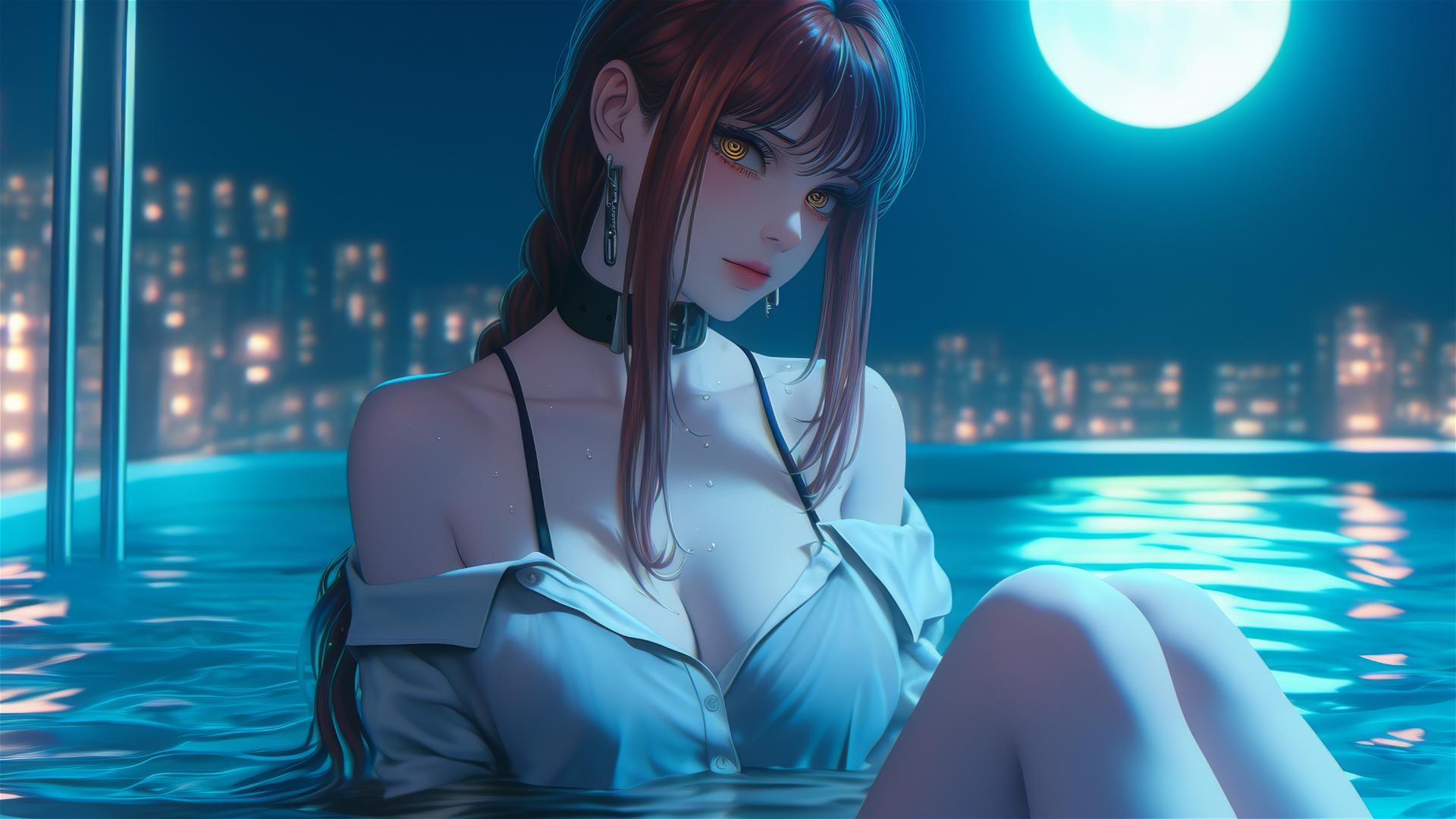 Makima from Chainsaw Man rests in a tub, chains around her neck, moonlit.