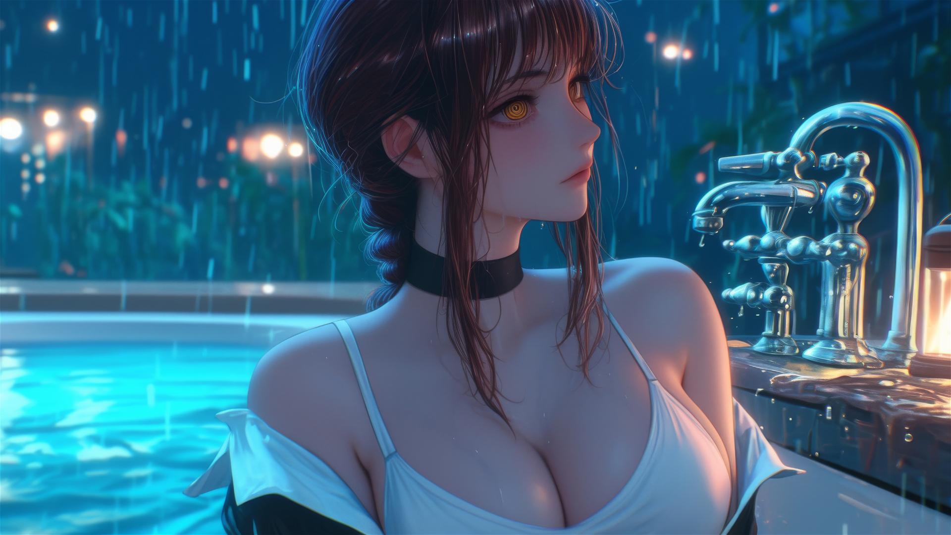 Makima from Chainsaw Man in a tub with iron chains, illuminated by moonlight.