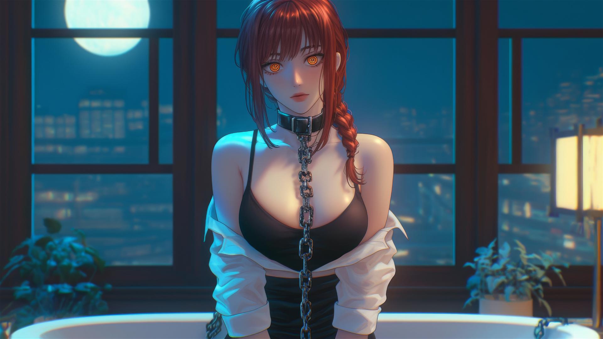 Makima from Chainsaw Man resting in a tub with iron chains under moonlight
