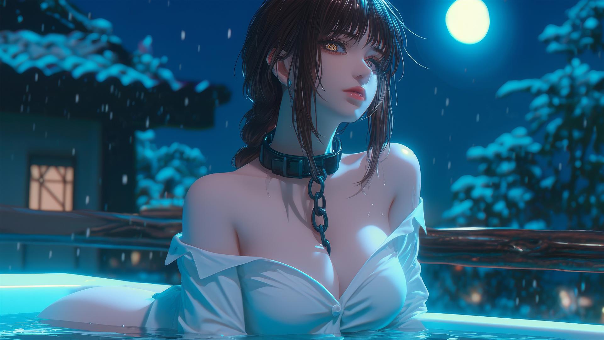 Makima from Chainsaw Man with iron chains in moonlit bathtub