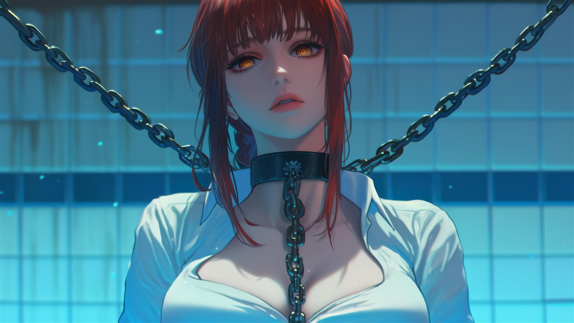 Makima from Chainsaw Man resting in a tub under moonlight, chained by the neck