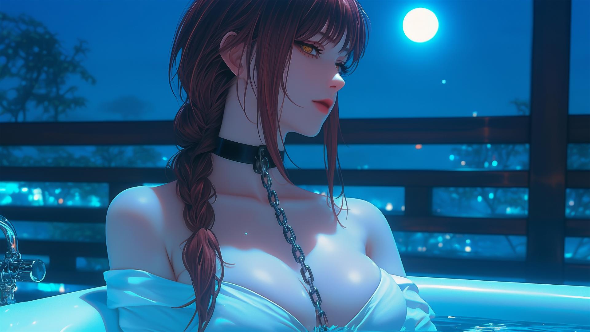 Makima from Chainsaw Man chained in a tub under moonlight
