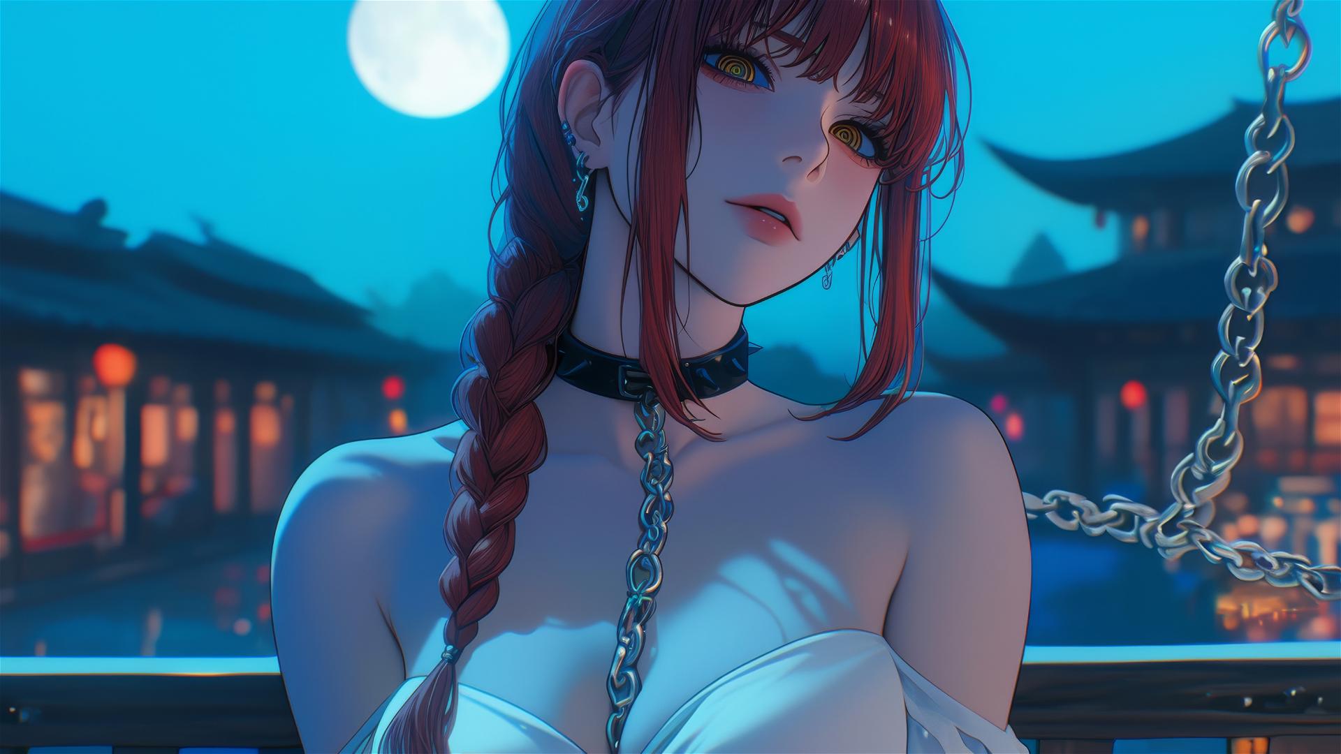 Makima from Chainsaw Man resting in chains under moonlight at a hotel