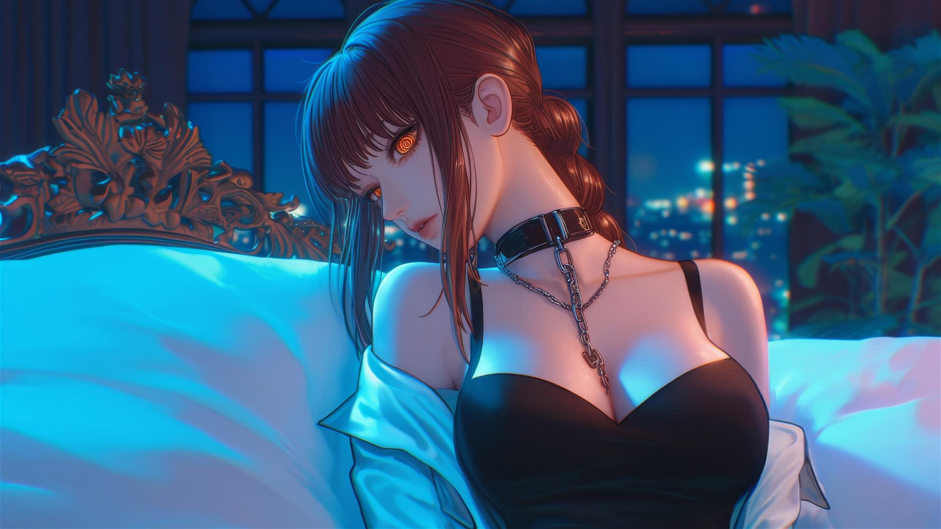 Makima chained and resting at a modern hotel under moonlight.