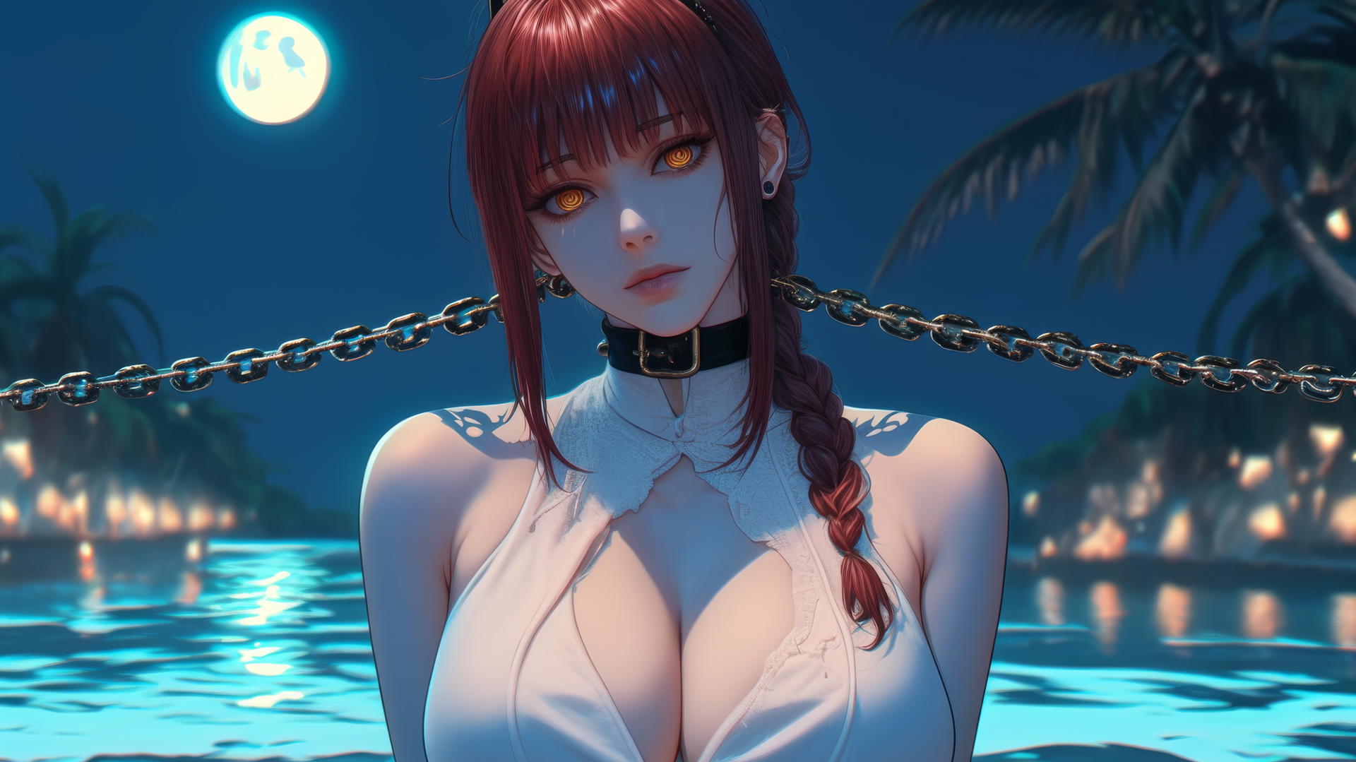 Makima from Chainsaw Man, neck locked with thick iron chains, resting at a modern hotel under moonlight.