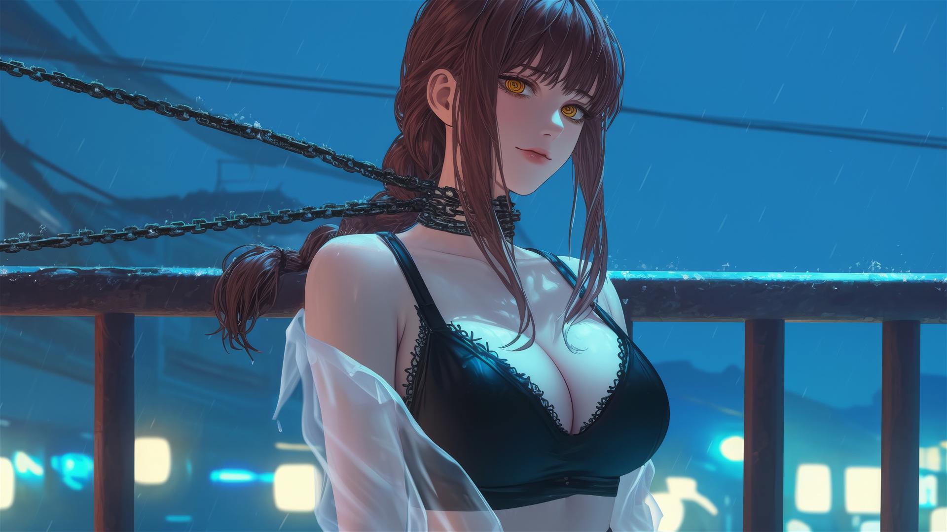Makima from Chainsaw Man resting in a hotel, chained by the neck under moonlight.