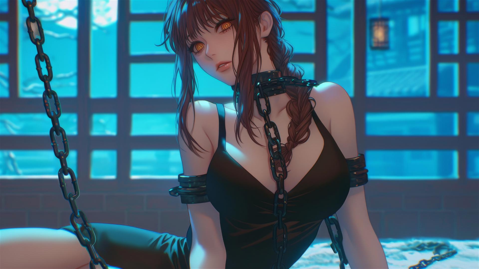 Makima from Chainsaw Man restrained by chains, illuminated by moonlight in a modern hotel.