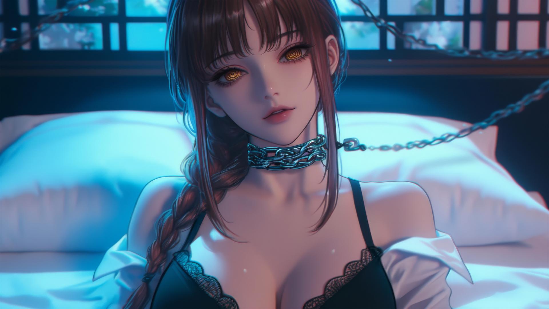 Makima from Chainsaw Man rests in a modern hotel room, neck locked with iron chains, moonlight glow.