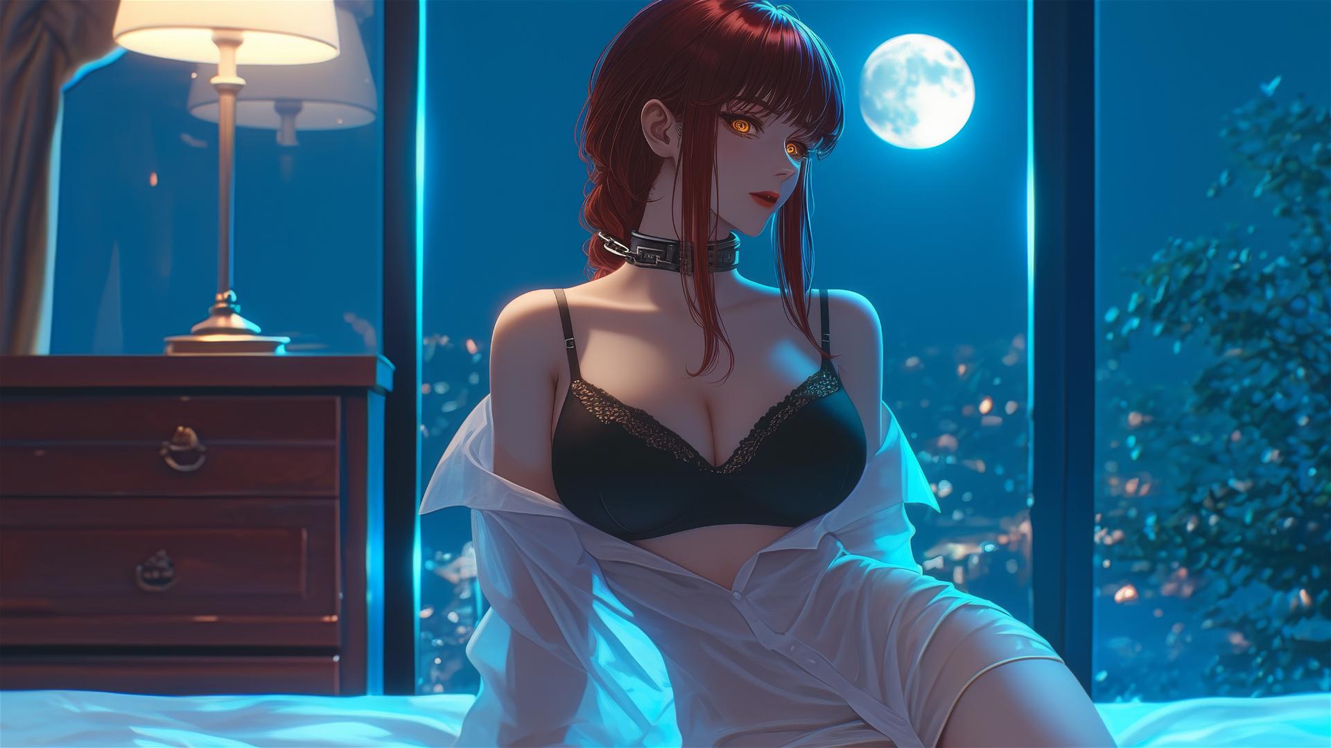 Makima from Chainsaw Man with iron chains in a hotel room under moonlight