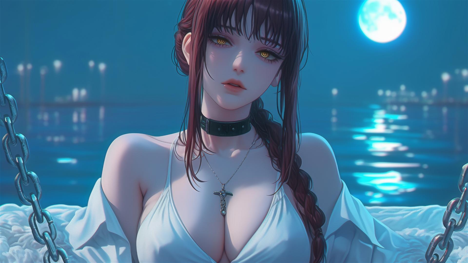 Makima from Chainsaw Man with iron chains, resting in a modern hotel room under moonlight.