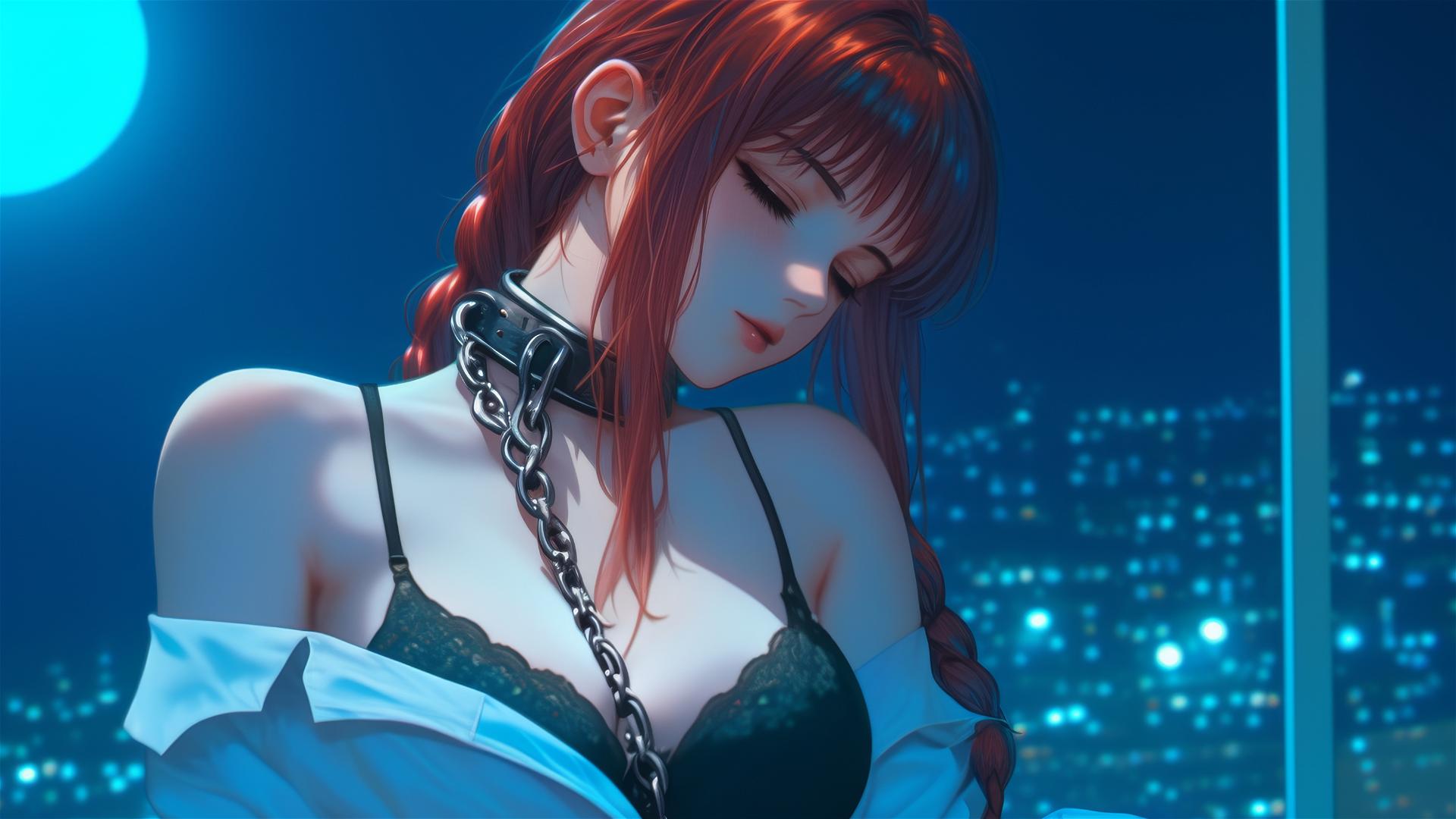 Makima from Chainsaw Man, chained, resting in a hotel room under moonlight