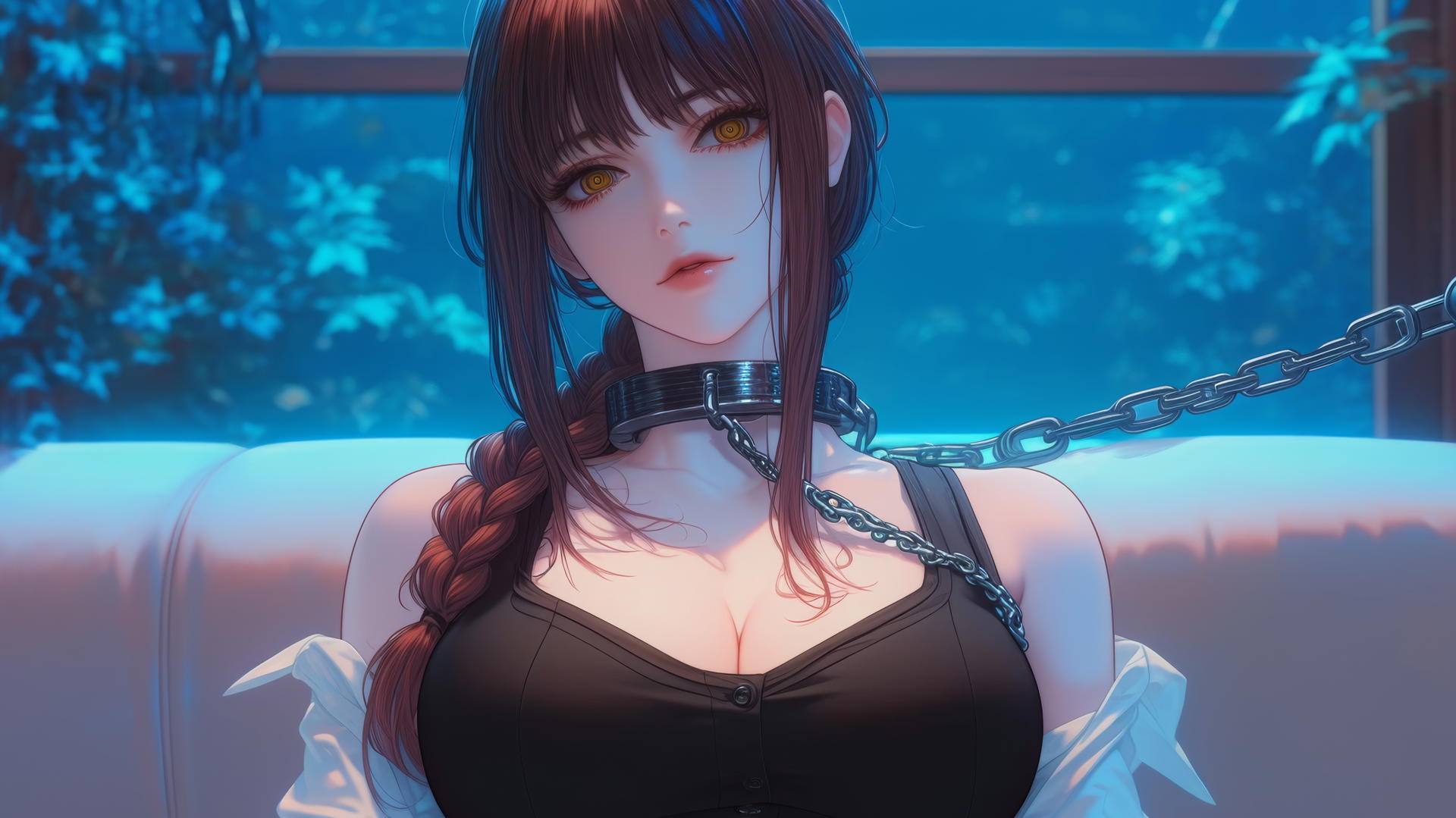 Makima from Chainsaw Man with neck locked by thick iron chains in a modern hotel room, illuminated by moonlight.