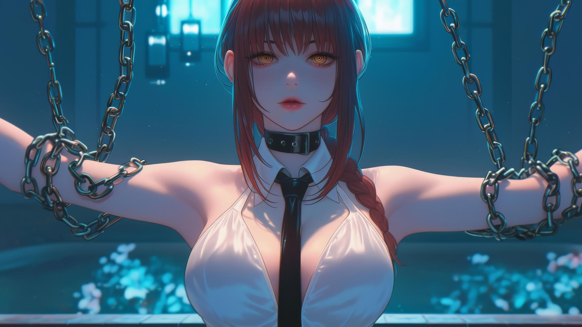 Makima from Chainsaw Man, neck locked with thick iron chains in moonlit modern hotel room.