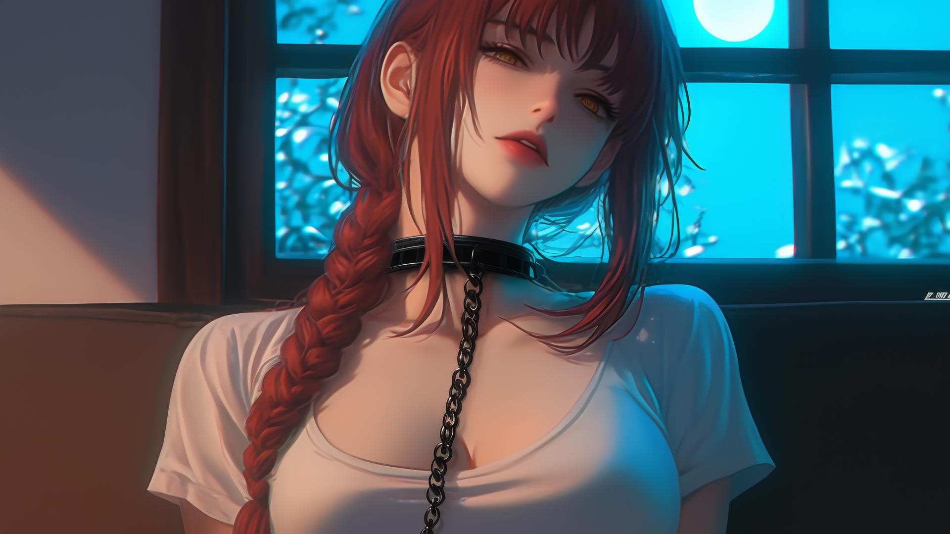 Makima from Chainsaw Man, chained neck, in a hotel room under moonlight