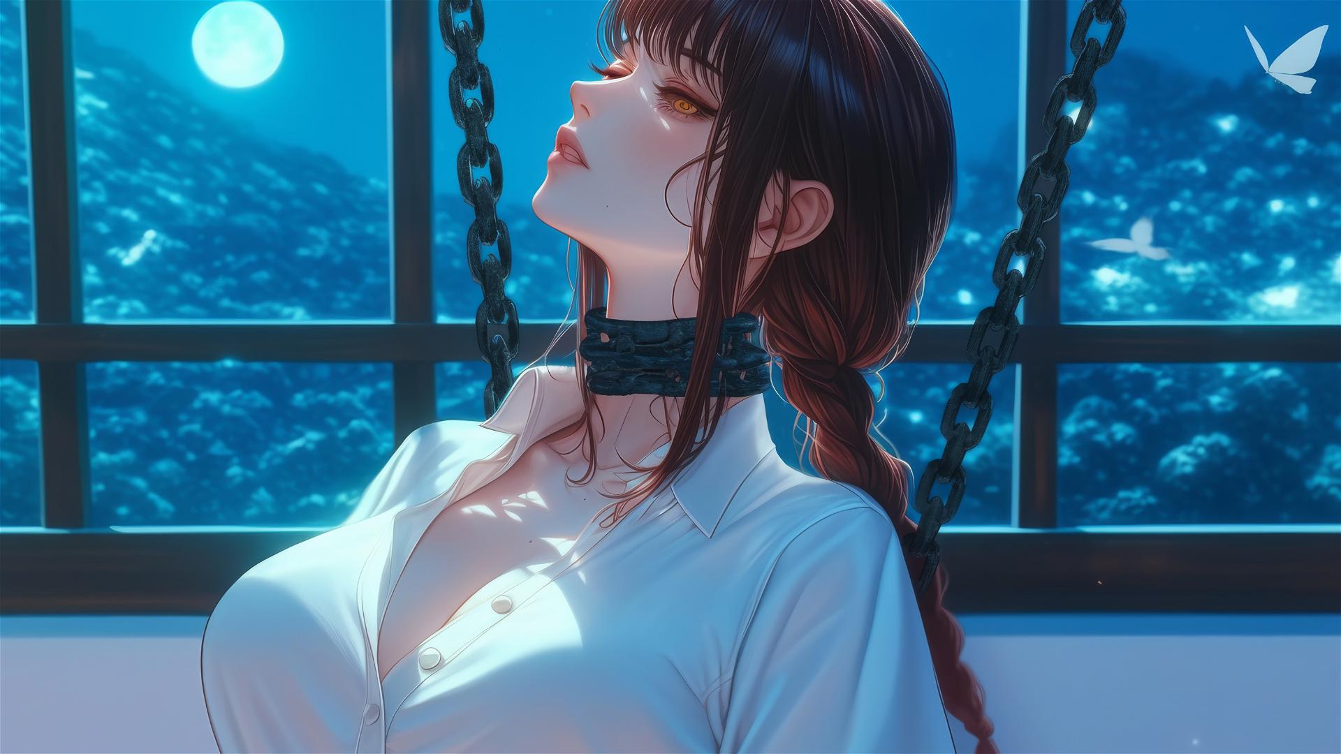 Makima from Chainsaw Man, neck locked with thick iron chains in modern hotel room