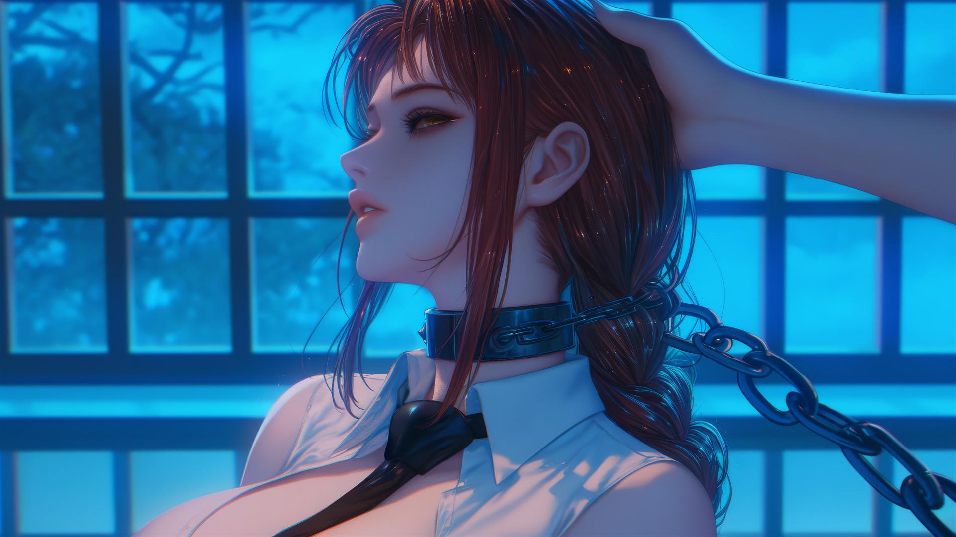 Makima from Chainsaw Man chained, resting in a hotel room