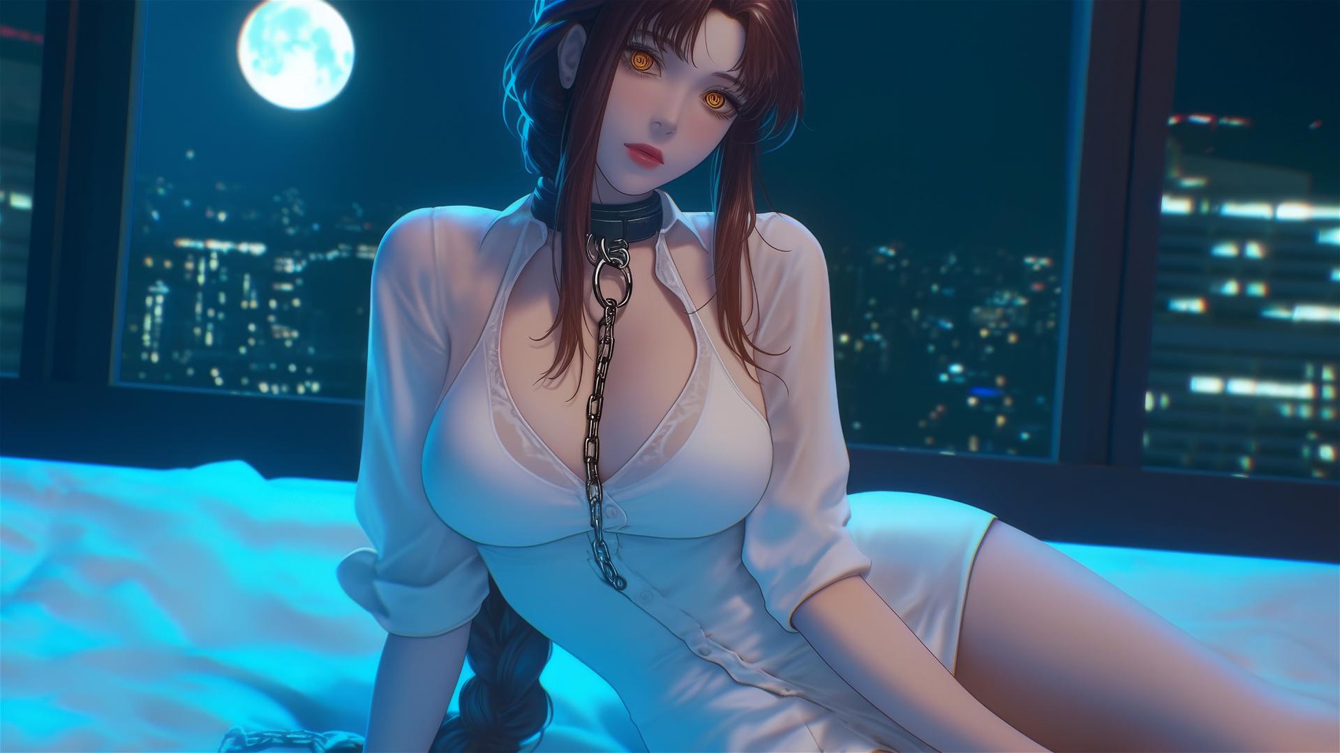 Makima from Chainsaw Man with neck locked in chains, resting in a modern hotel room
