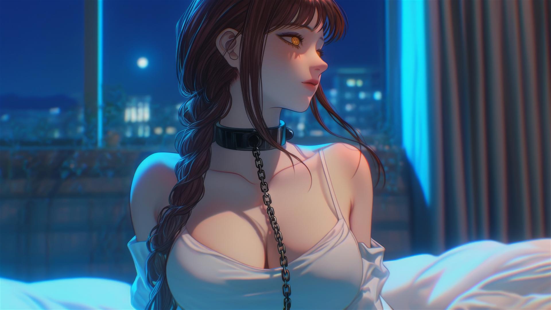 Makima from Chainsaw Man in a modern hotel room, restrained by thick iron chains.