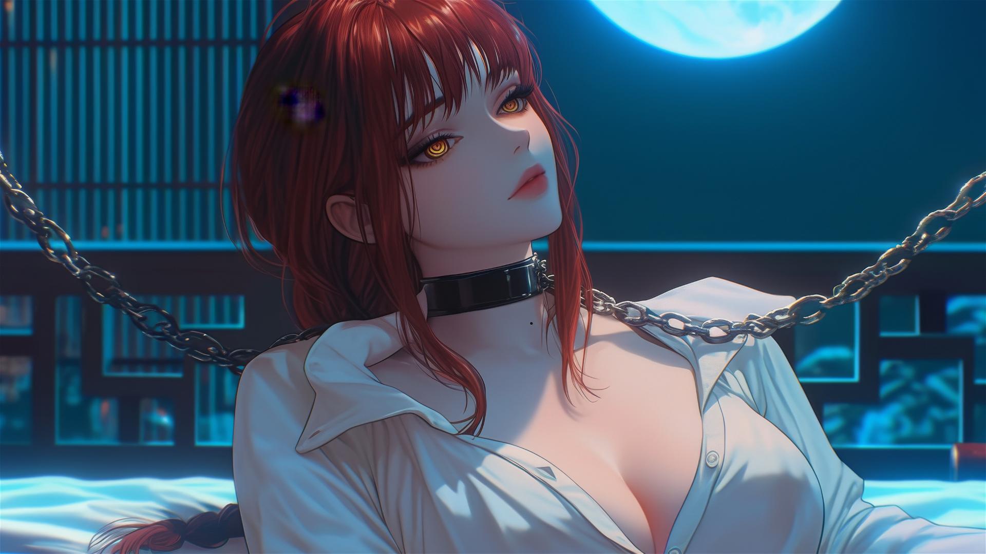 Makima from Chainsaw Man in a modern hotel room, neck locked with iron chains, moonlit