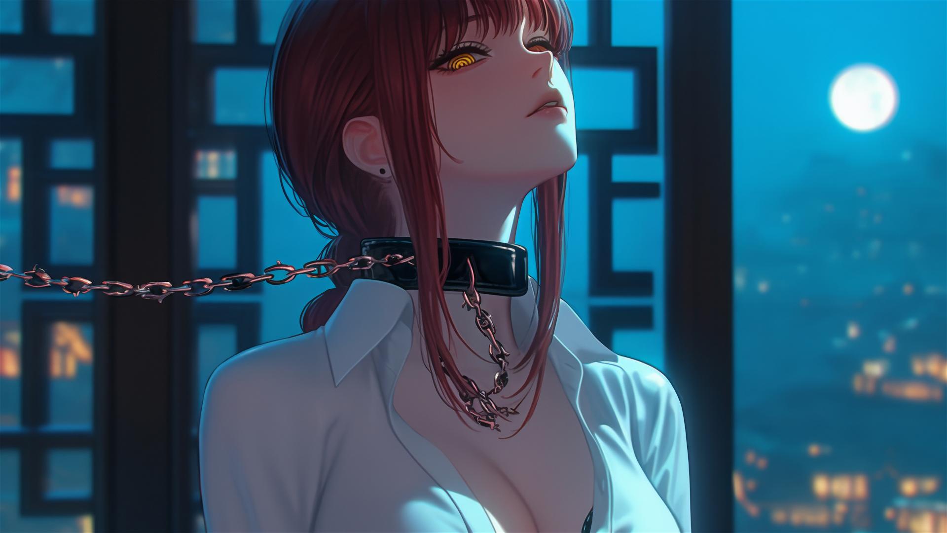 Makima from Chainsaw Man, chained, resting in a modern hotel room with moonlight glow