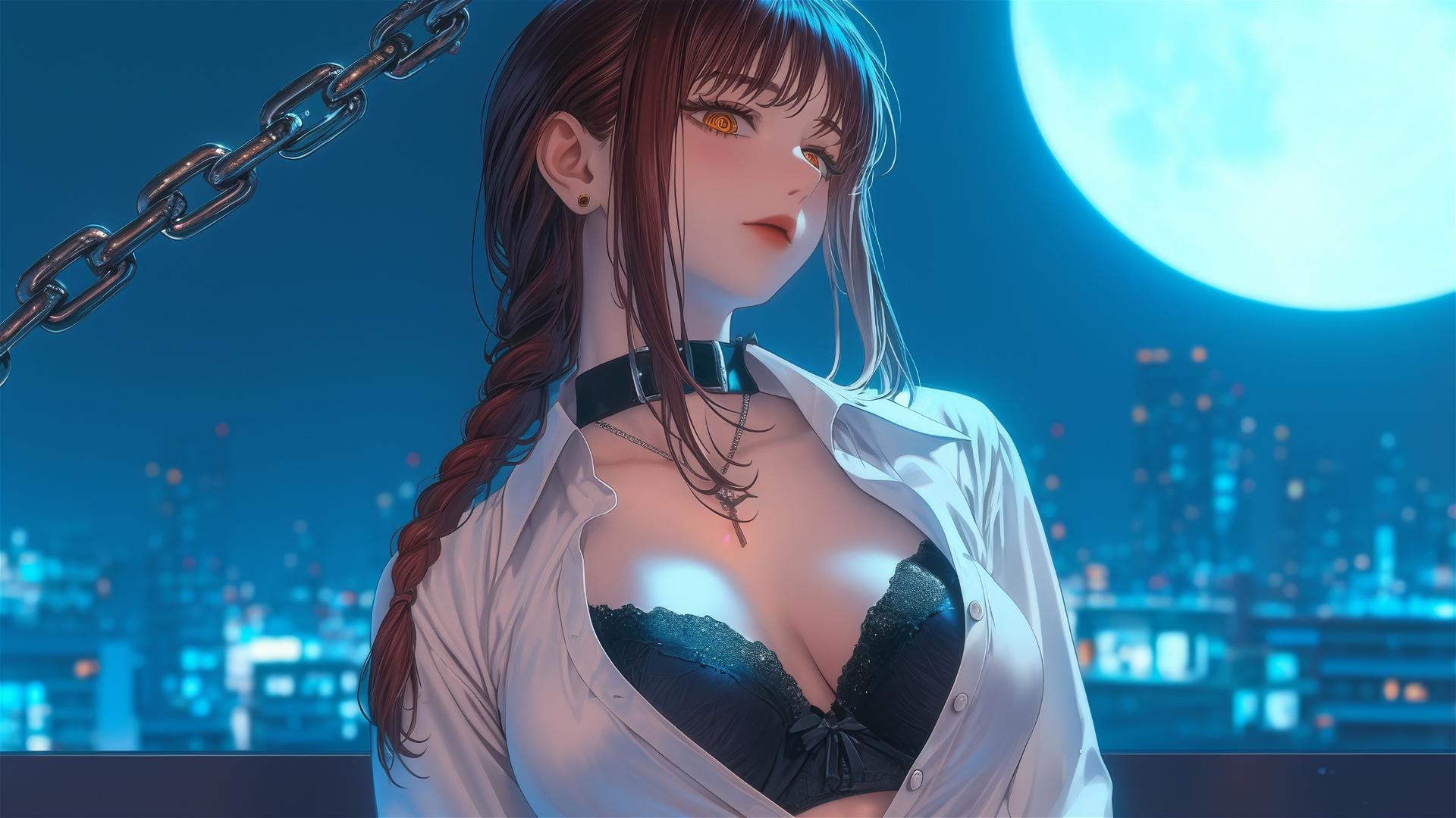 Makima from Chainsaw Man, chained, resting in modern hotel room with moonlight glow