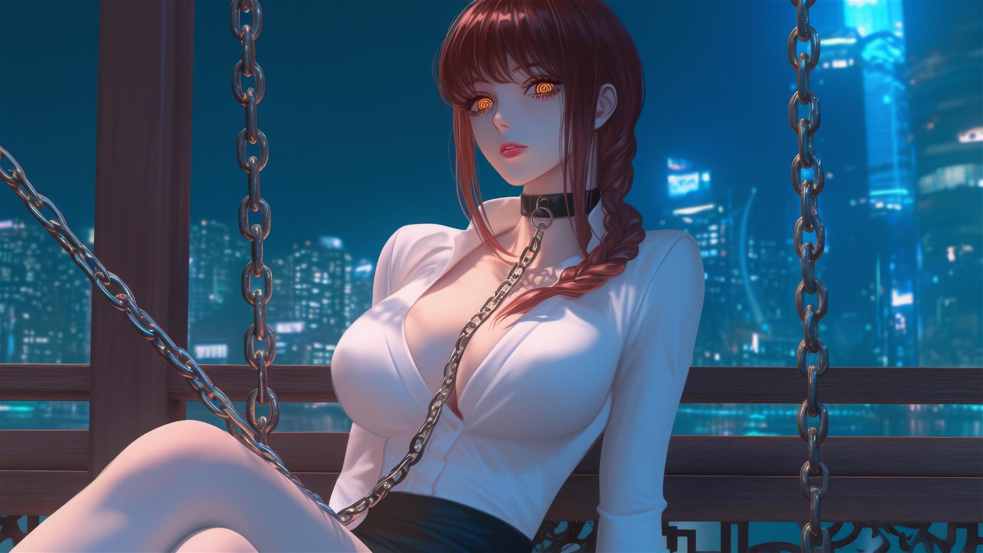 Makima from Chainsaw Man with iron chains at modern hotel room, moon light glow