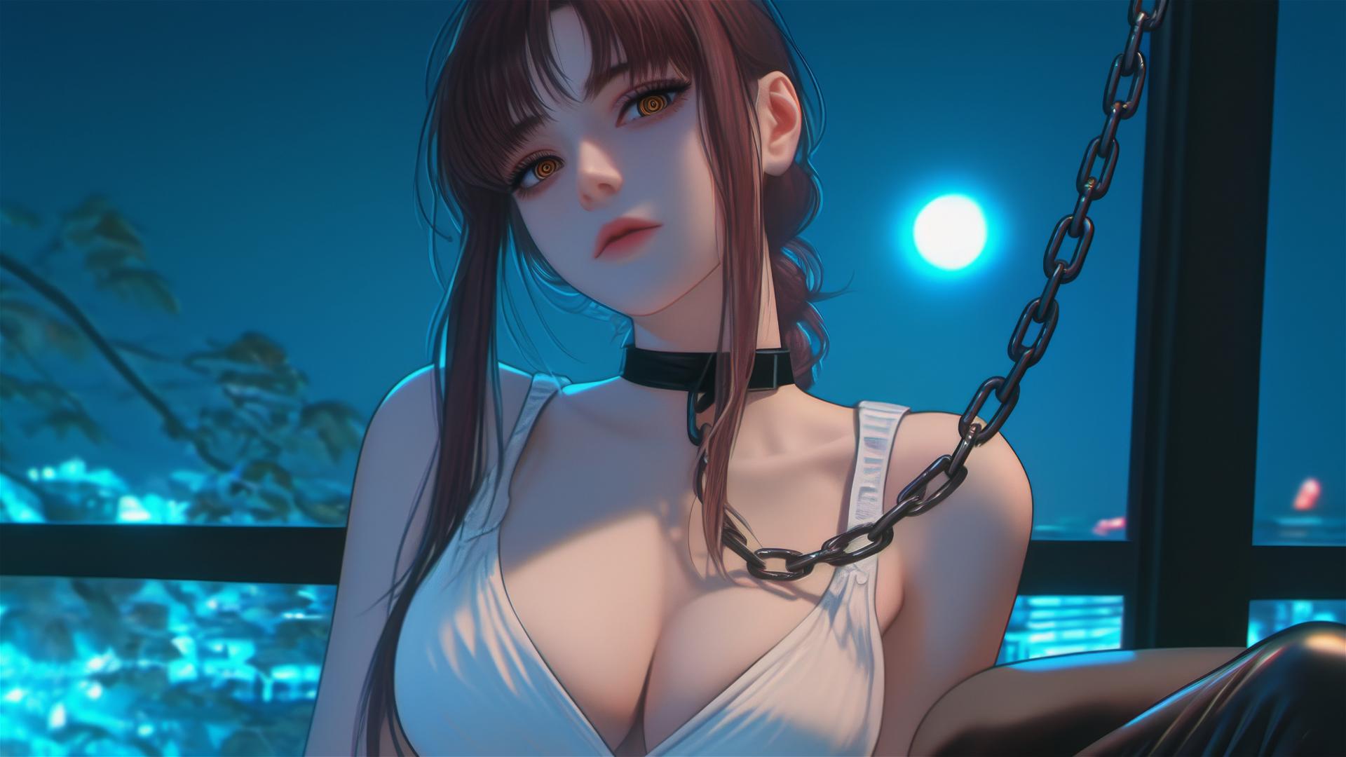 Makima from Chainsaw Man resting in chains at modern hotel under moonlight