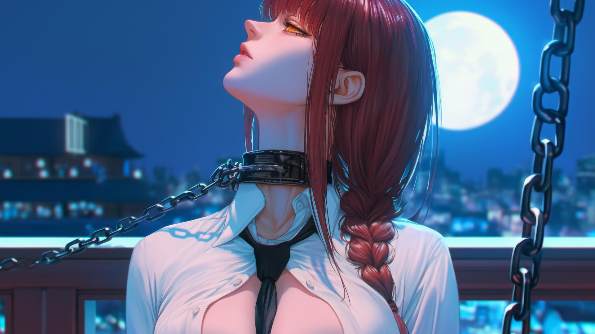Makima from Chainsaw Man, chained, in a modern hotel room under moonlight