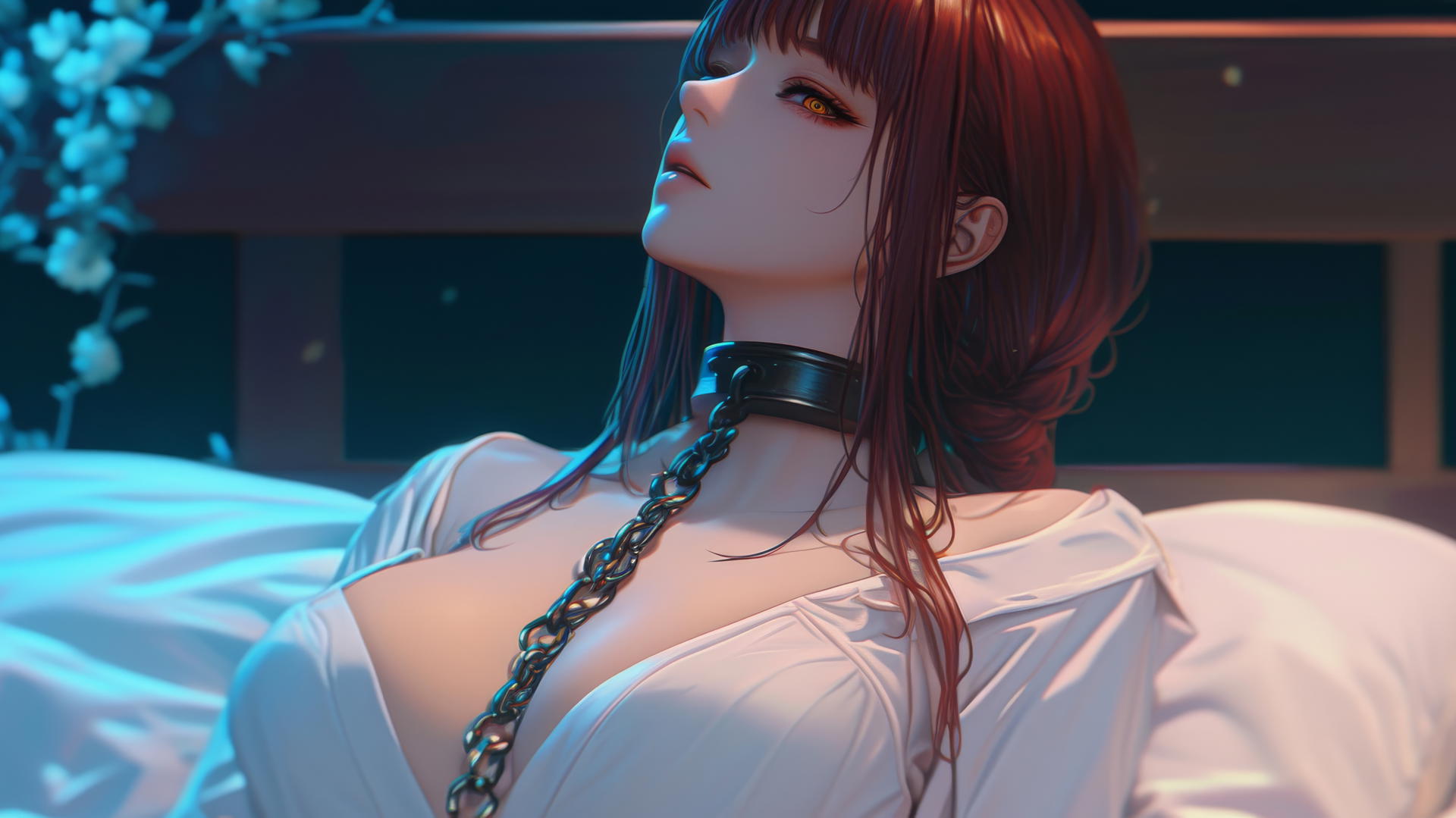 Makima from Chainsaw Man, bound by chains, resting in a modern hotel room bathed in moonlight.