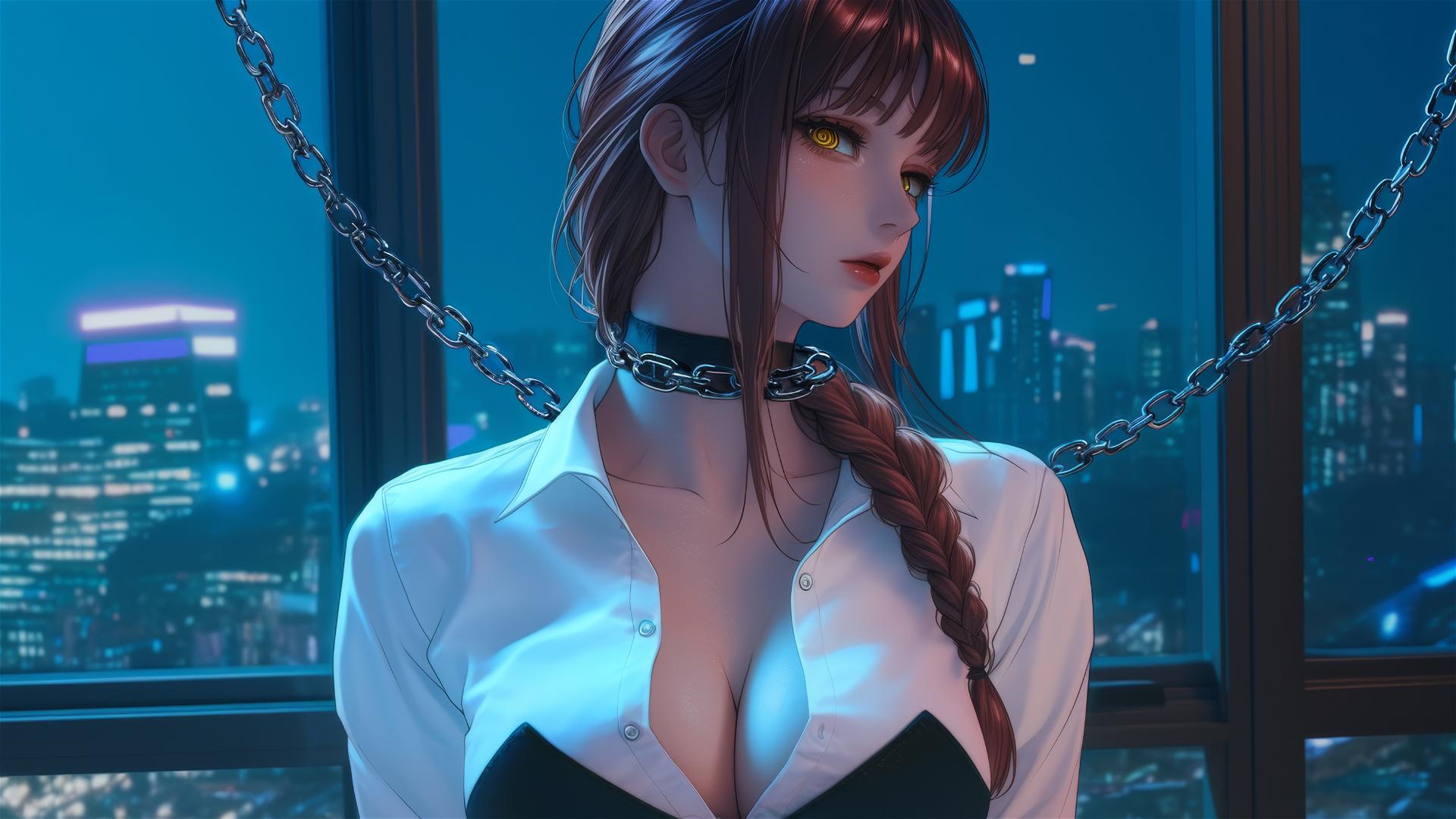 Makima from Chainsaw Man with neck locked in thick iron chains, resting in a modern hotel room with soft moonlight cast on her.