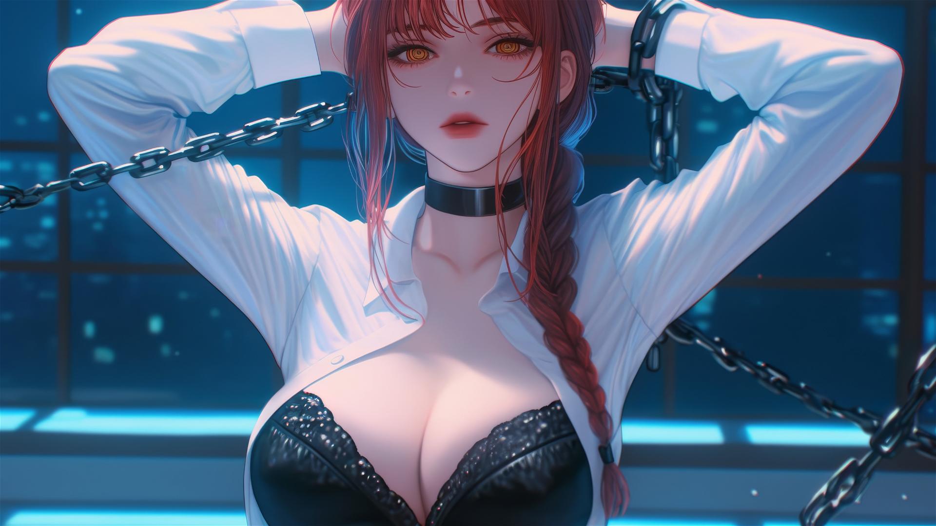 Makima from Chainsaw Man in a modern office, neck locked with iron chains under moonlight.