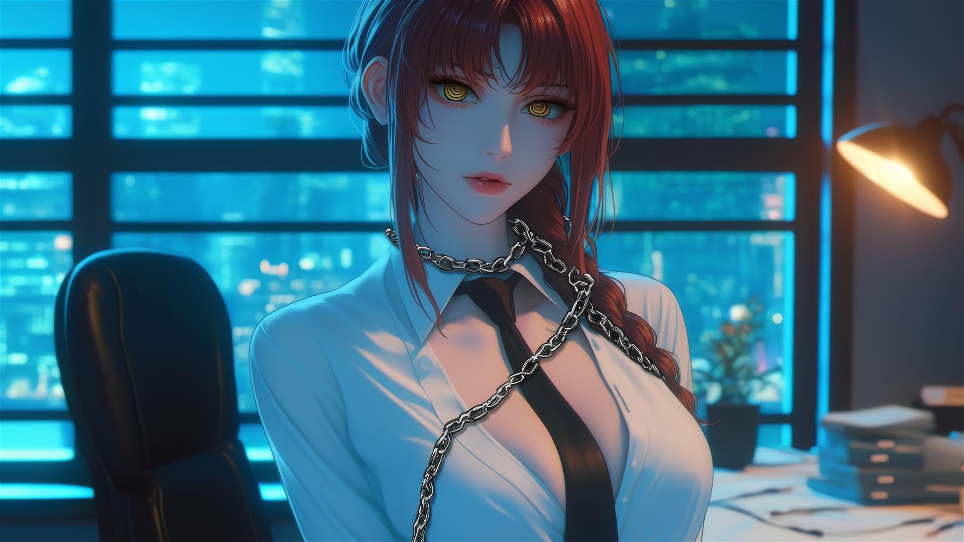 Makima from Chainsaw Man with neck locked in thick iron chains, standing in a modern office under moonlight.