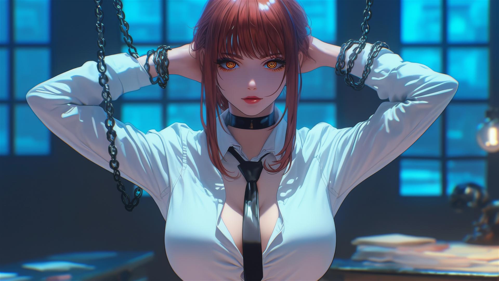 Makima from Chainsaw Man, neck locked with thick iron chains, in modern office