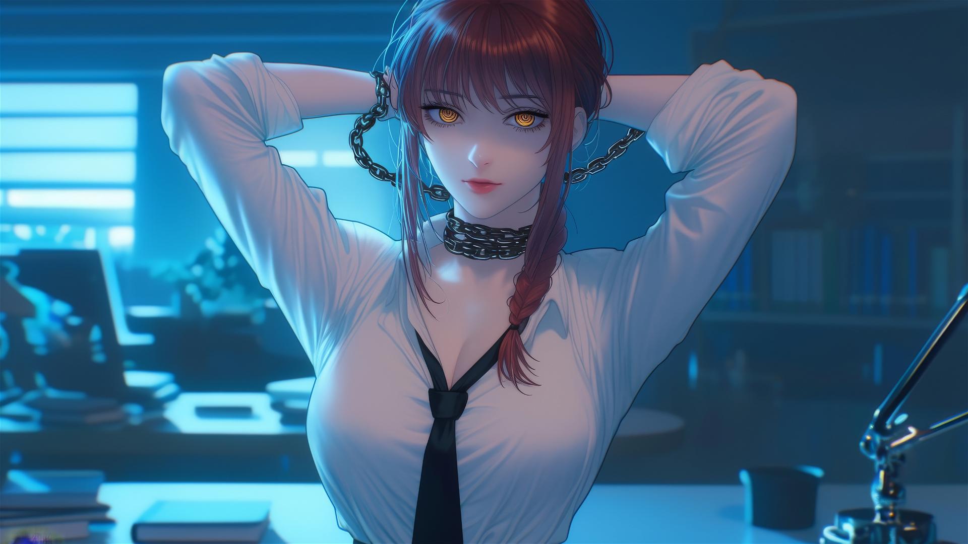 Makima from Chainsaw Man chained by neck in a modern office, moonlit